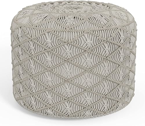 SIMPLIHOME Coates - Puf redondo contemporáneo de macramé en gris nube de algodón para la sala de estar, dormitorio y habitación de los niños
