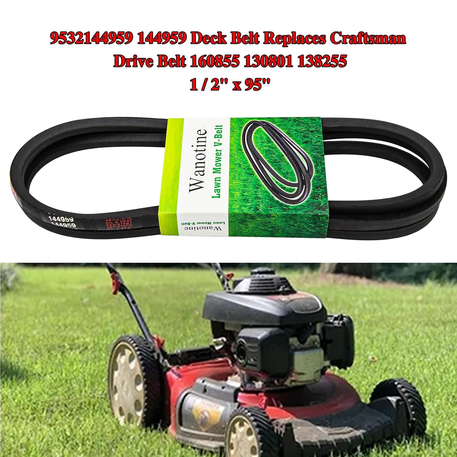 532144959 144959 Deck Belt Replaces Craftsman Drive Belt 160855 130801 138255, Fits Craftsman LT1000 LT2000 LT3000 DYT4000 Husqvarna Poulan AYP 42'' Lawn Mower (1/2" x 95")