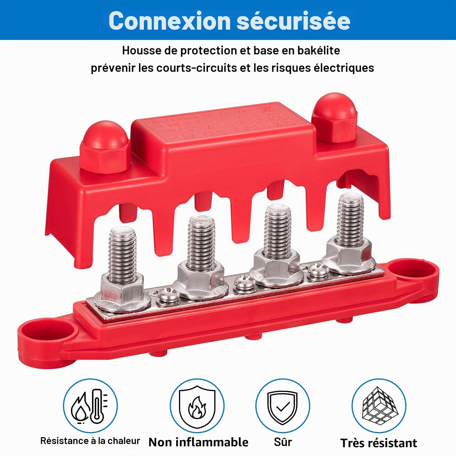 Spurtar Bloc de Distribution 12V 24V 48V DC 250A BusBar avec 4 x M10 Boulons et 3 x M4 Vis, 16,5 × 3,4 × 4,8 cm – Ne Convient Pas aux Espaces Étroits