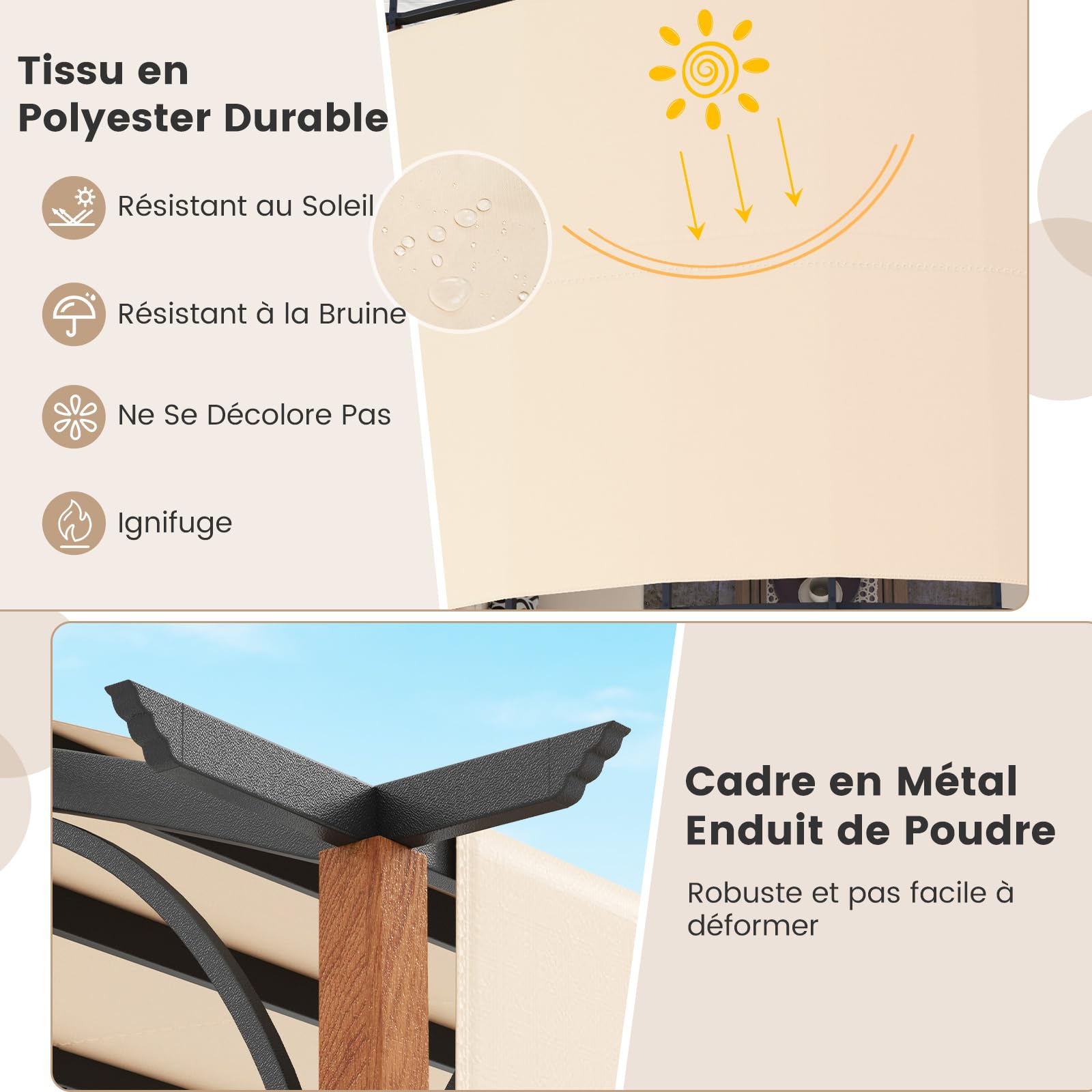 COSTWAY Pergola Rétractable d'Extérieur 300 x 360 CM, Pergola Métallique à Arcs pour Patio avec Auvent Rétractable Poteaux Aspect Bois, Tonnelle Treillis pour Jardin Patio Porche Cou (Beige)