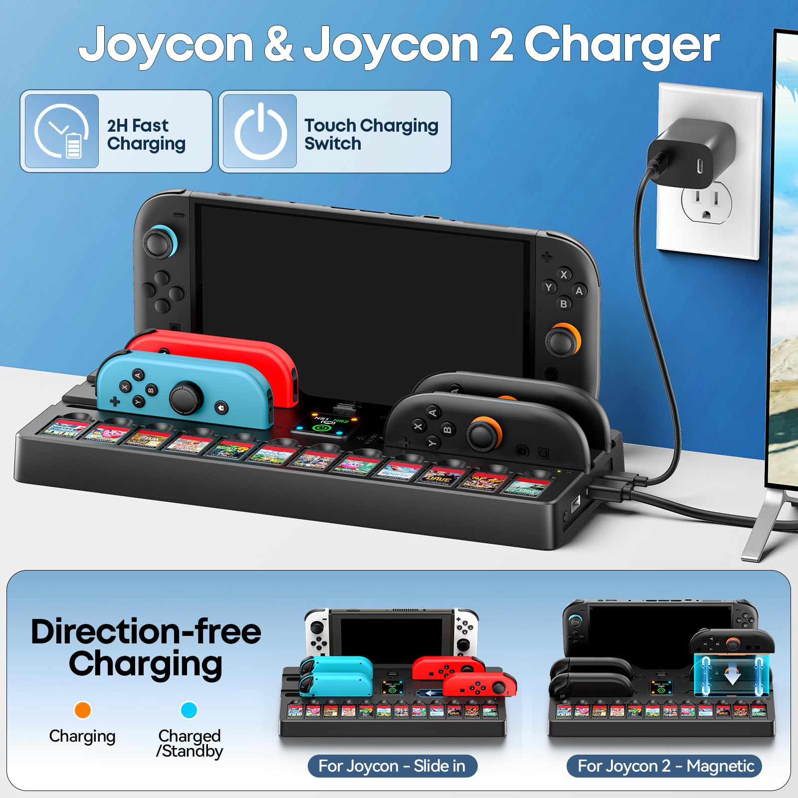 Switch 2 TV Dock con Caricatore per 4 Joycon, Dock Switch 2 per Nintendo Switch 2/Original/OLED con Uscita 4K HDMI, Base TV per Switch 2 Accessori