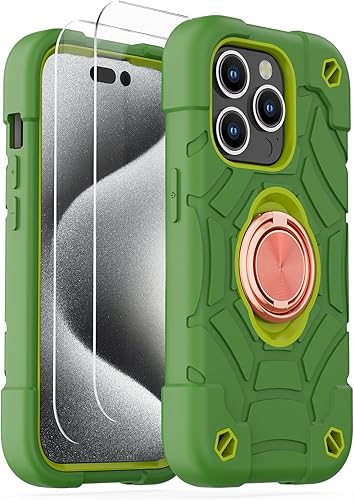 Miniatura 9 de KCJ Funda compatible con iPhone 15 Plus14 Plus con 2 protectores de pantalla soporte de anillo silicona suave + policarbonato duro, protección de
