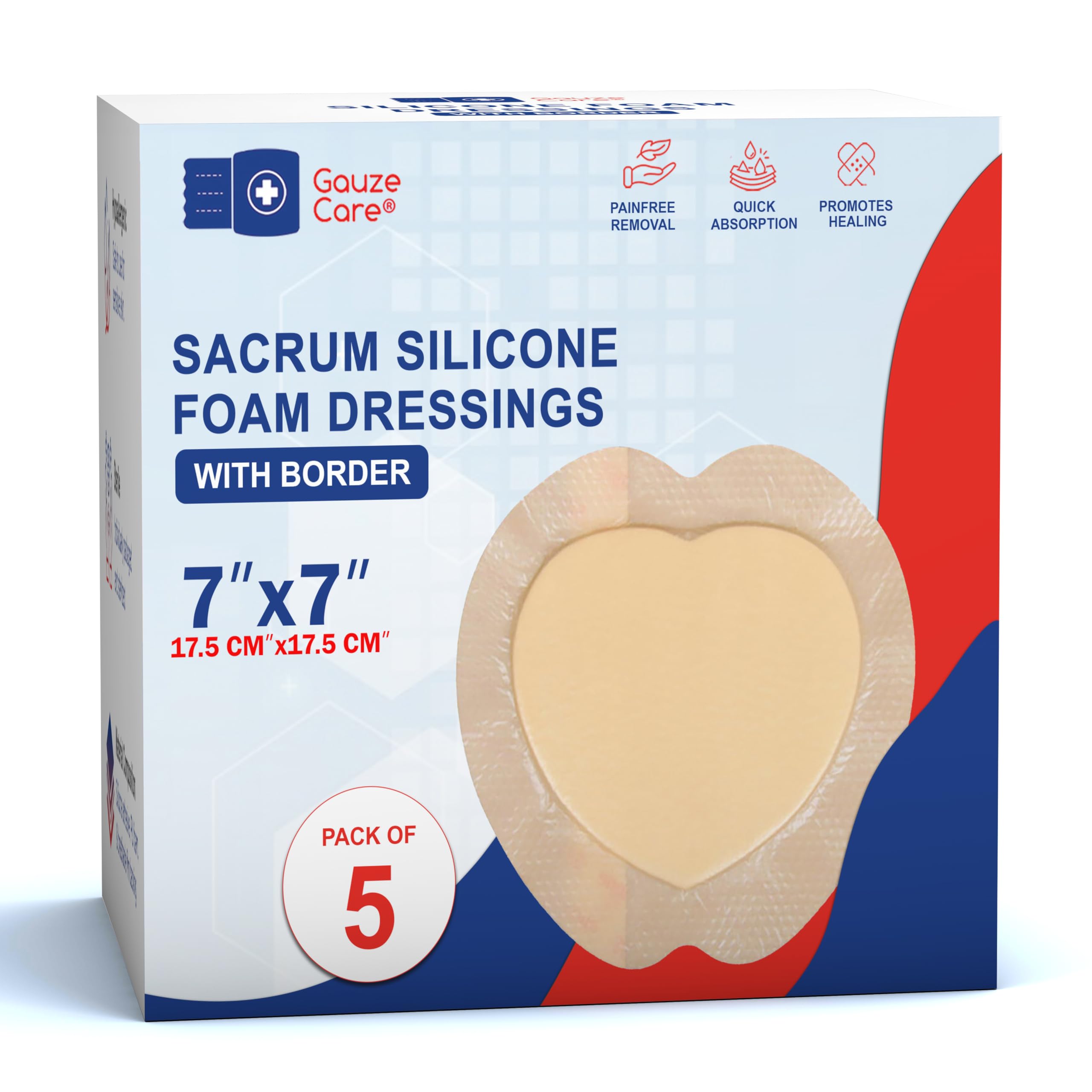 GauzeCare Silicone Sacrum Foam Dressing 7x7 (Pack of 5) – Waterproof Wound Bandages with Adhesive Border, Self-Adhesive and Highly Absorbent Silicone
