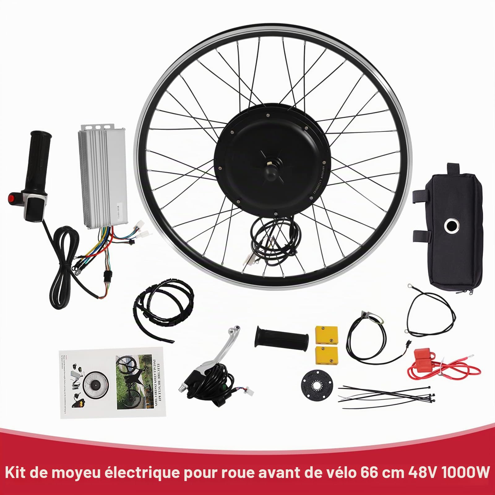 Kit de conversion de roue avant pour vélo électrique 26" 48 V 1000 W (sauf batterie) sans pneu