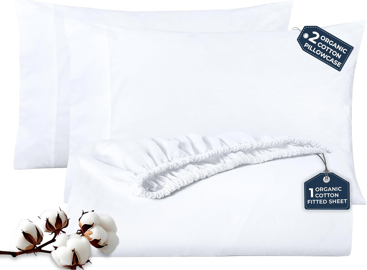 ROYALE LINENS Fitted Sheet with Pillowcases - Queen Fitted Sheets with 2 Pillowcases - 300 Thread Count 100% Organic Cotton - Fits Mattress Up to 18" Deep - Soft & Breathable - White (No Flat Sheet)