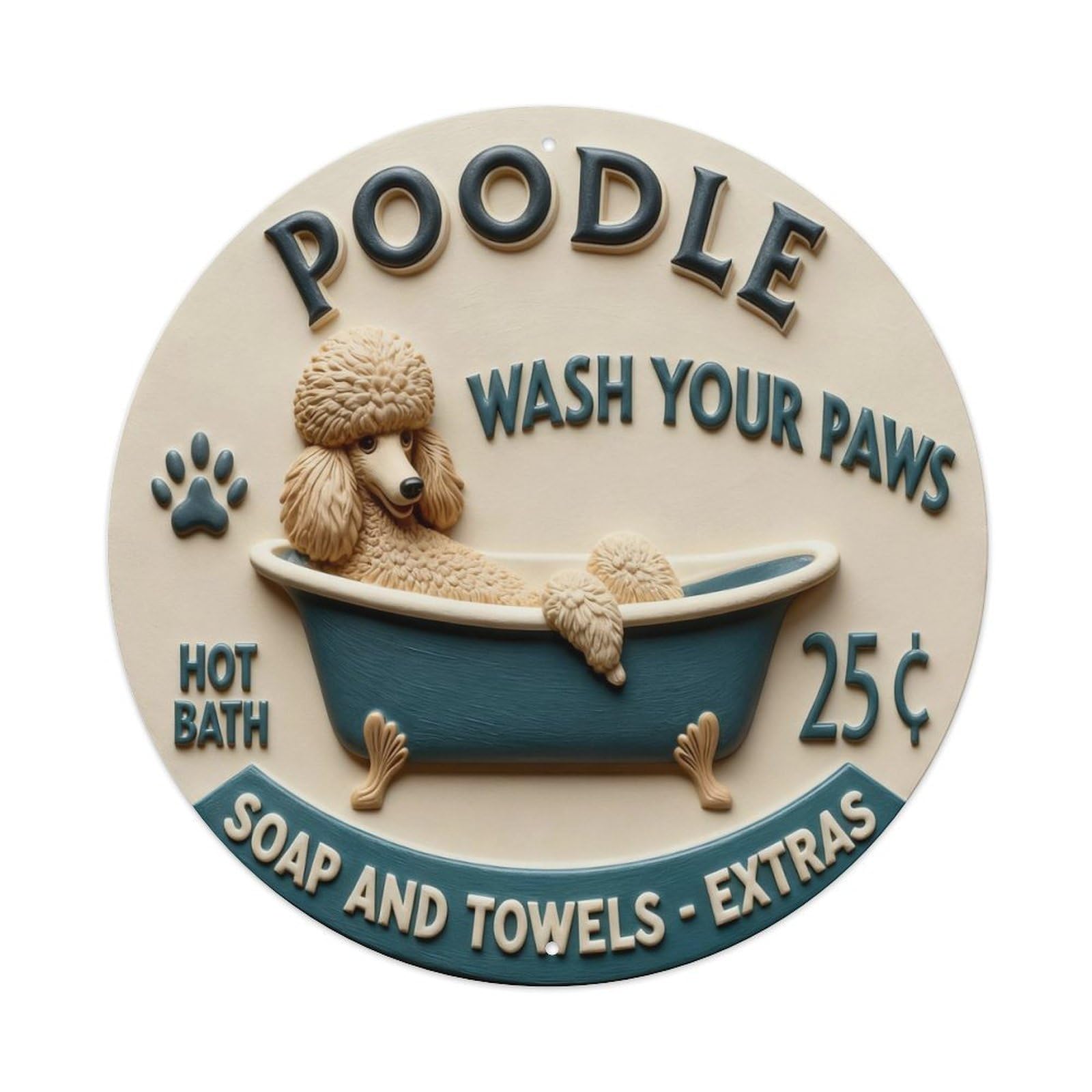 Poodle In Bathtub With Paw Print And Text Round Metal Tin Sign Vintage Wall Decor, Bar Garage Cafe Kitchen Home Wall Art Poster 8x8inches