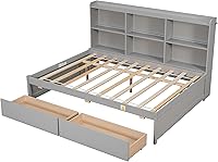 Vista 24 de Cama de plataforma individual con estantería lateral, plataforma moderna con cajones de almacenamiento, marco de cama de madera maciza