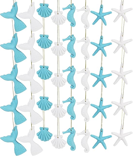 LJY 40 Pieces Ocean Themed Hanging Resin Seashells Ornaments for Summer Party Beach Wedding Christmas Tree Home Decor & DIY Craft Projects (White + Blue)
