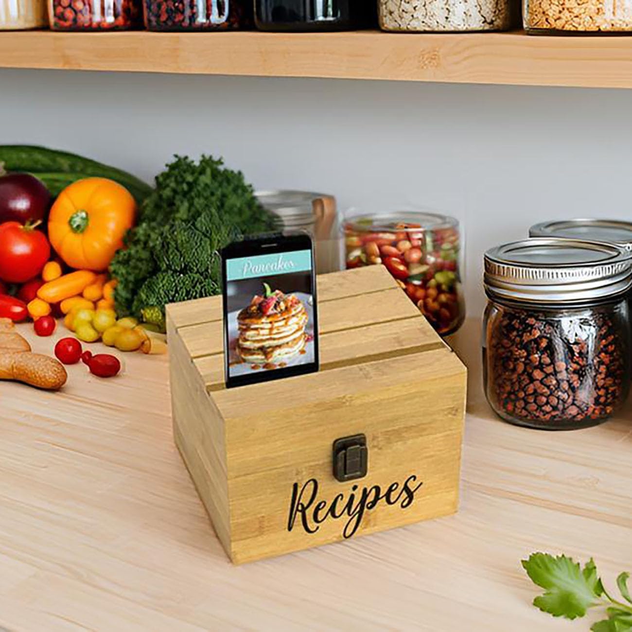 4"x6" Recipe Card Storage Box Phone/Tablet/Card Holders on Top Bamboo Wood Chest