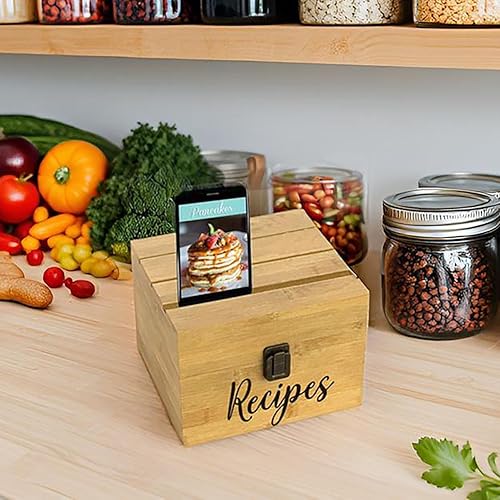 Miniatura 5 de Caja de almacenamiento para tarjetas de recetas de 4 x 6 pulgadas, soporte para teléfonotabletatarjetas en la parte superior del baúl de madera