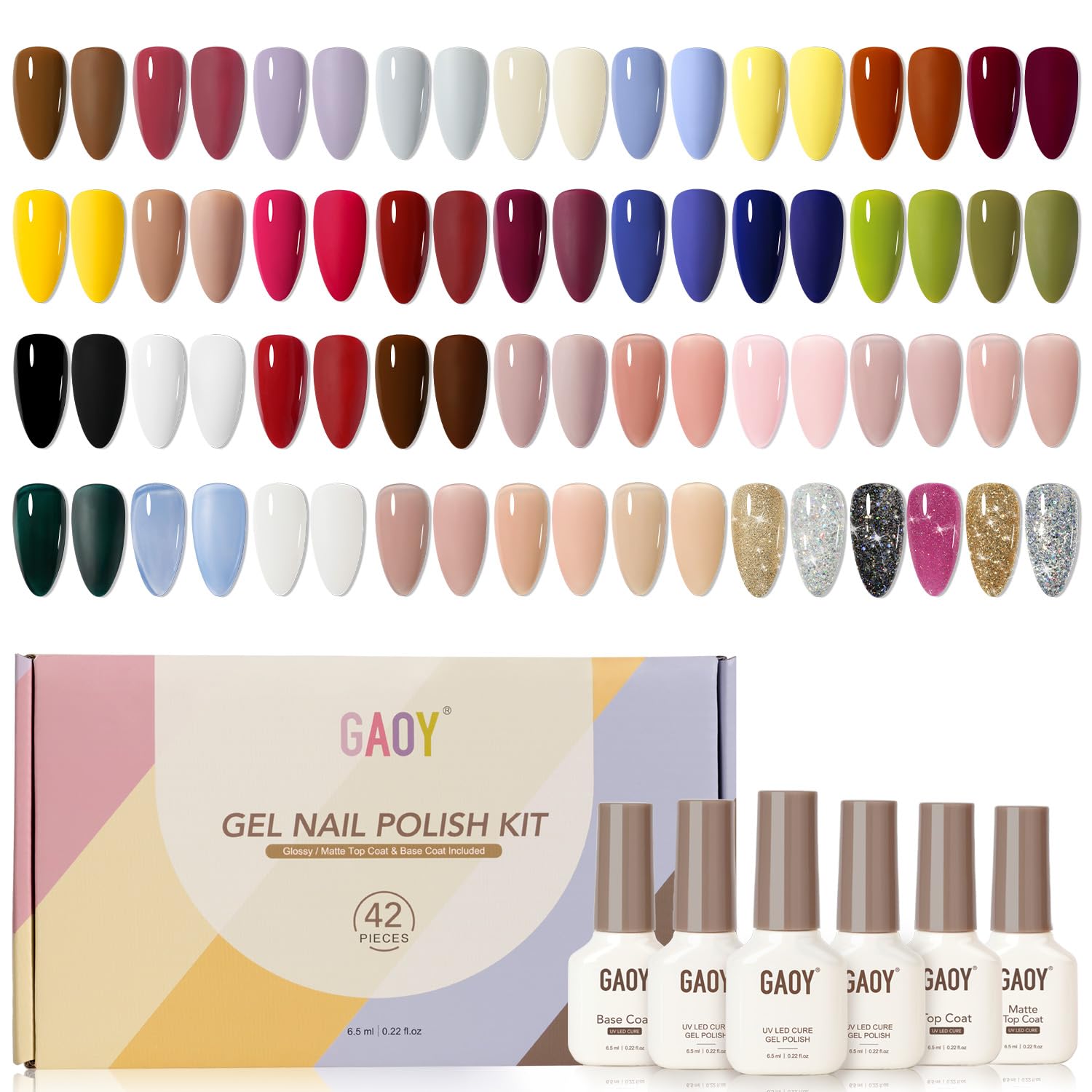 GAOY 42 Pcs Gel Nail Polish Kit, Jelly Nude Glitter Navy Blue Colors All Seasons UV Gel Nail Polish Set with Glossy & Matte Top Coat and Base Coat for Salon and DIY Manicure at Home