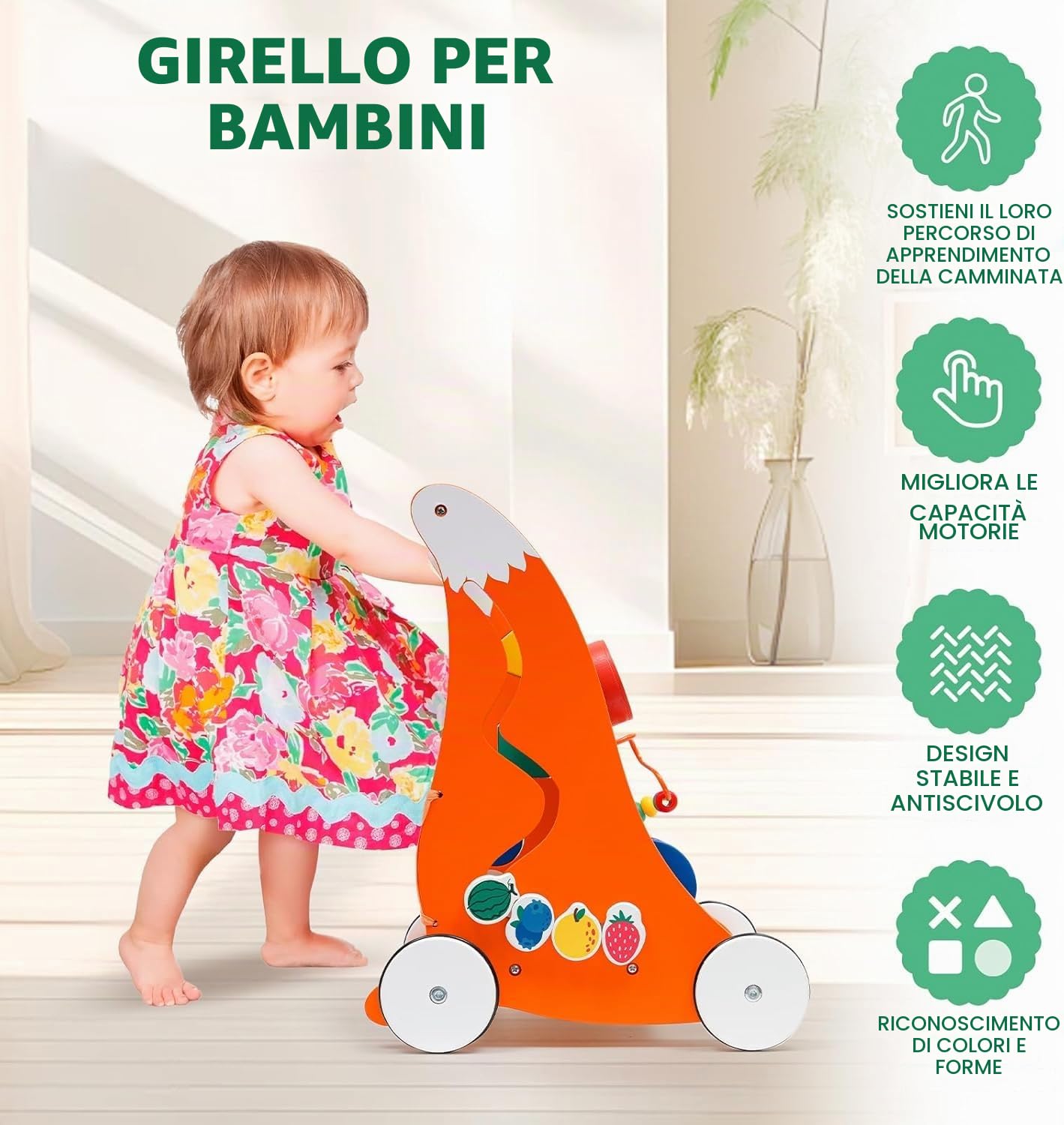 Carrellino Primi Passi,Girello Per Bambini 6-18 mesi - Giocattolo in legno Con Musica e gioco di forme,Giocattolo multifunzionale Montessori,Carrello primi passi legno,Regalo per bambini e bambine