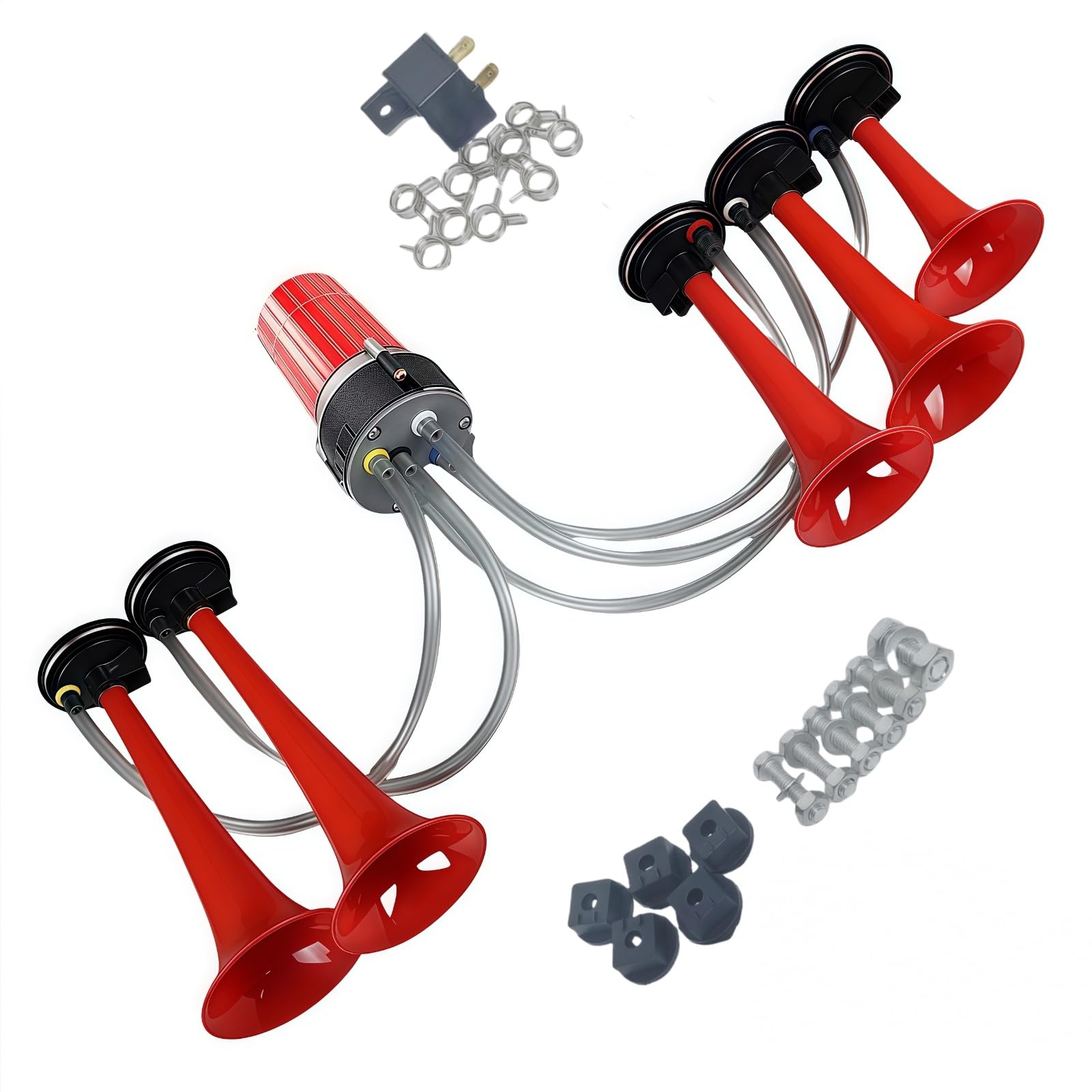 Lufthupe, 160 dB, Musikhupe, Lautsprecher, 5 Röhren, rote Wiedergabe, Dixie-Musik, Autohupe mit Luftpumpe, Warnalarm, einfache Installation, Trompete für 12 V Auto, LKW, Schiff, Boot, Motorrad