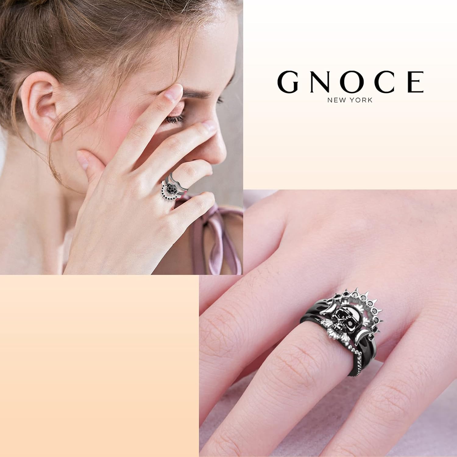 GNOCE 3Pcs Skull Style Stackable Ring Sterling Silver Endless Love Fashion Skull Rings Band Black Plated Jewelry For Women Men Engagement Anniversary