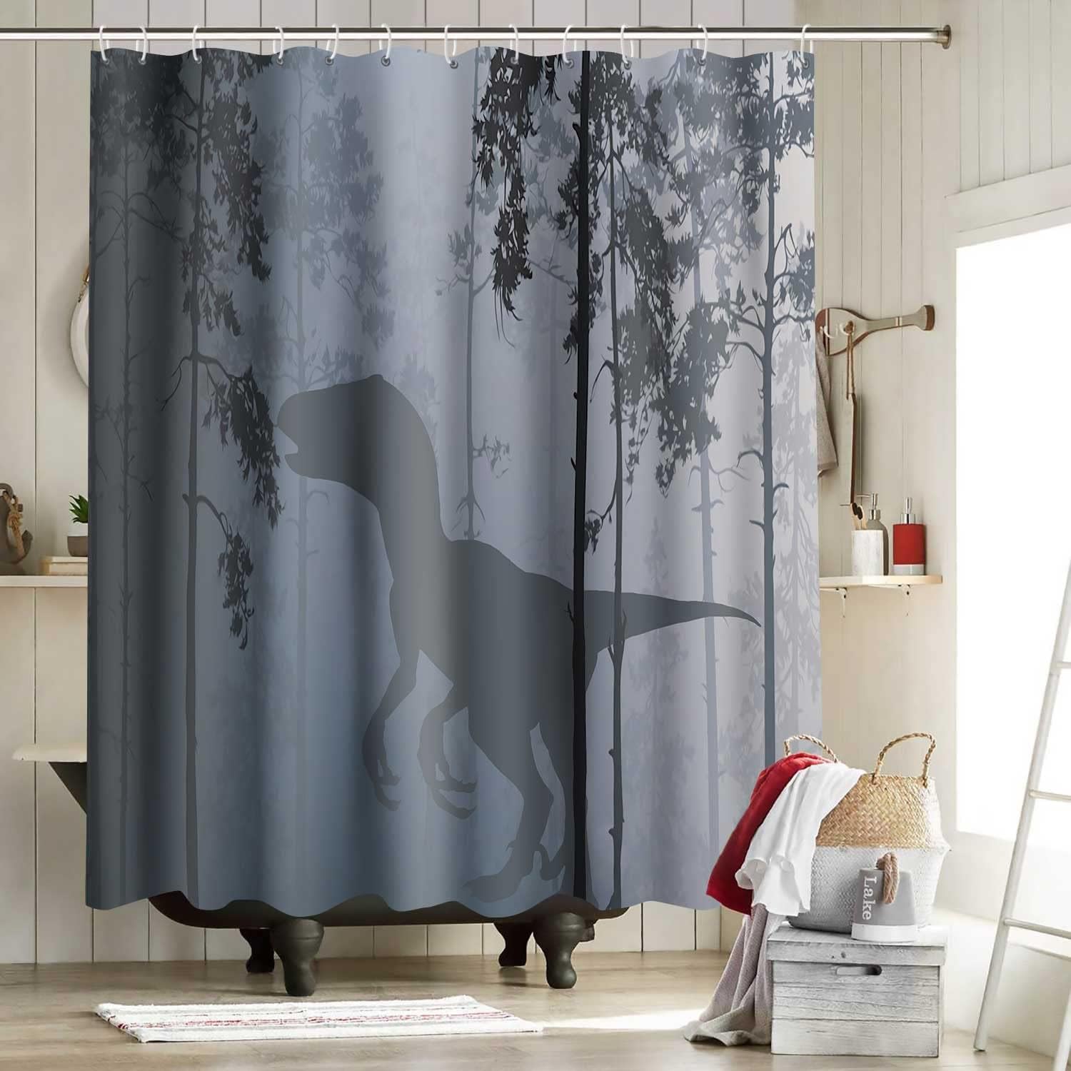 Dinosaur Shower Curtain Tyrannosaurus Rex Silhouette Bathroom Set with Hooks Jurassic Raptor Dino Animal Decor Curtains for Kids Boy Men Grey Novelty Cute Bath Accessories 72x72 Inch YLYYNT2694