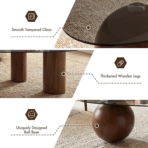 Miniatura 3 de Mesa de centro de cristal moderna de 55 pulgadas para sala de estar, mesa de centro grande con parte superior de vidrio templado ovalada gris, patas