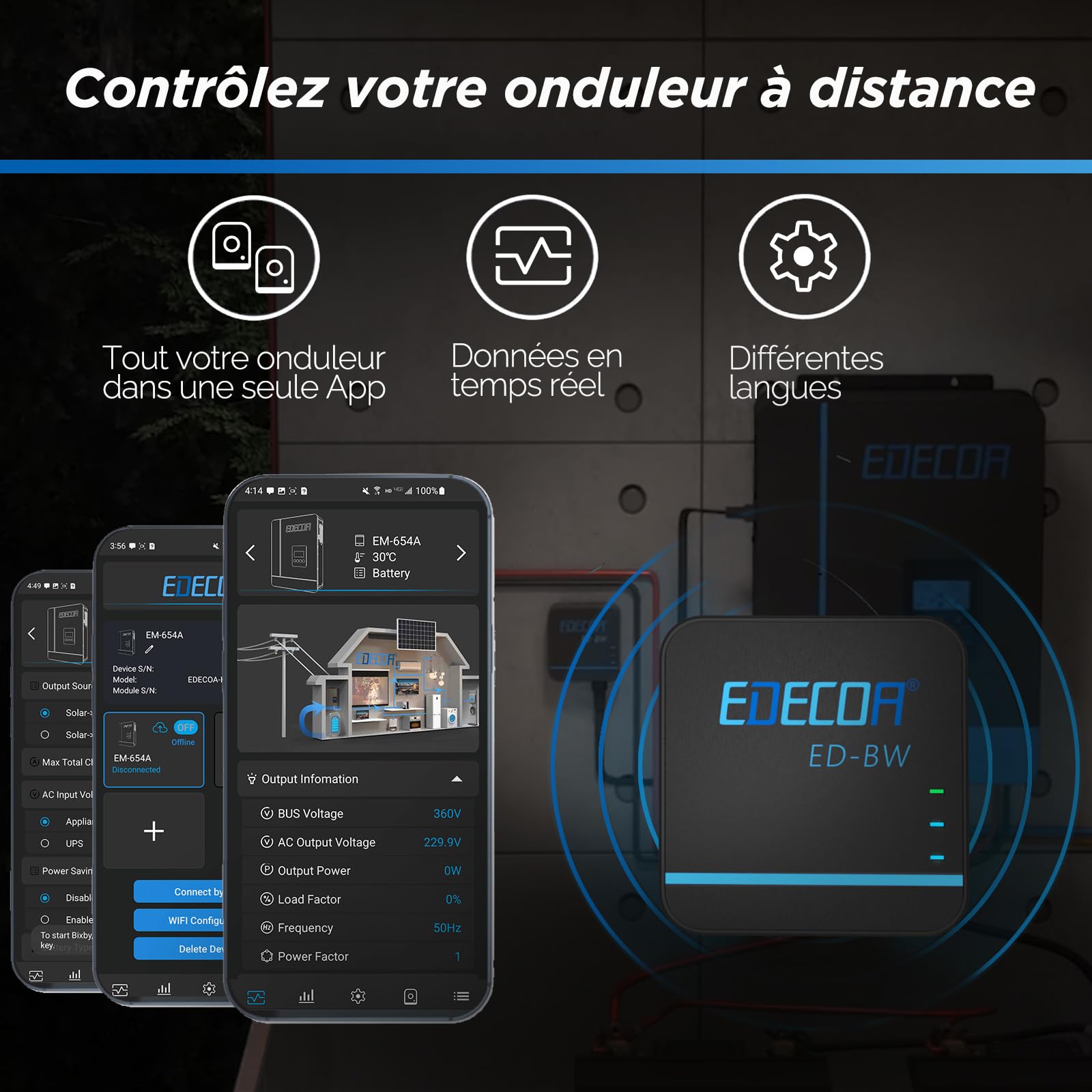 EDECOA Adaptateur de synchronisation des données Module WiFi pour la connexion à un onduleur hybride Contrôle facile des paramètres et de l'état de l'onduleur hybride
