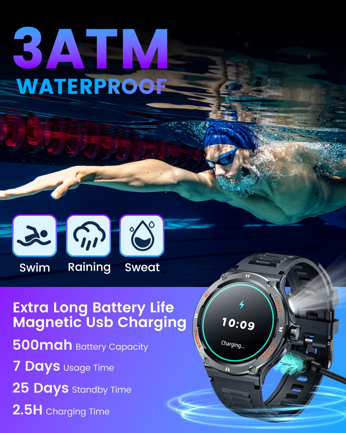 Smartwatch Uomo Orologio Fitness Watch: Orologi Militare con Chiamate Bluetooth e Risposta Vivavoce Sport Smart Watch per Android Iphone 3ATM Impermeabile Digital Contapassi Polso con Torcia Elettrica