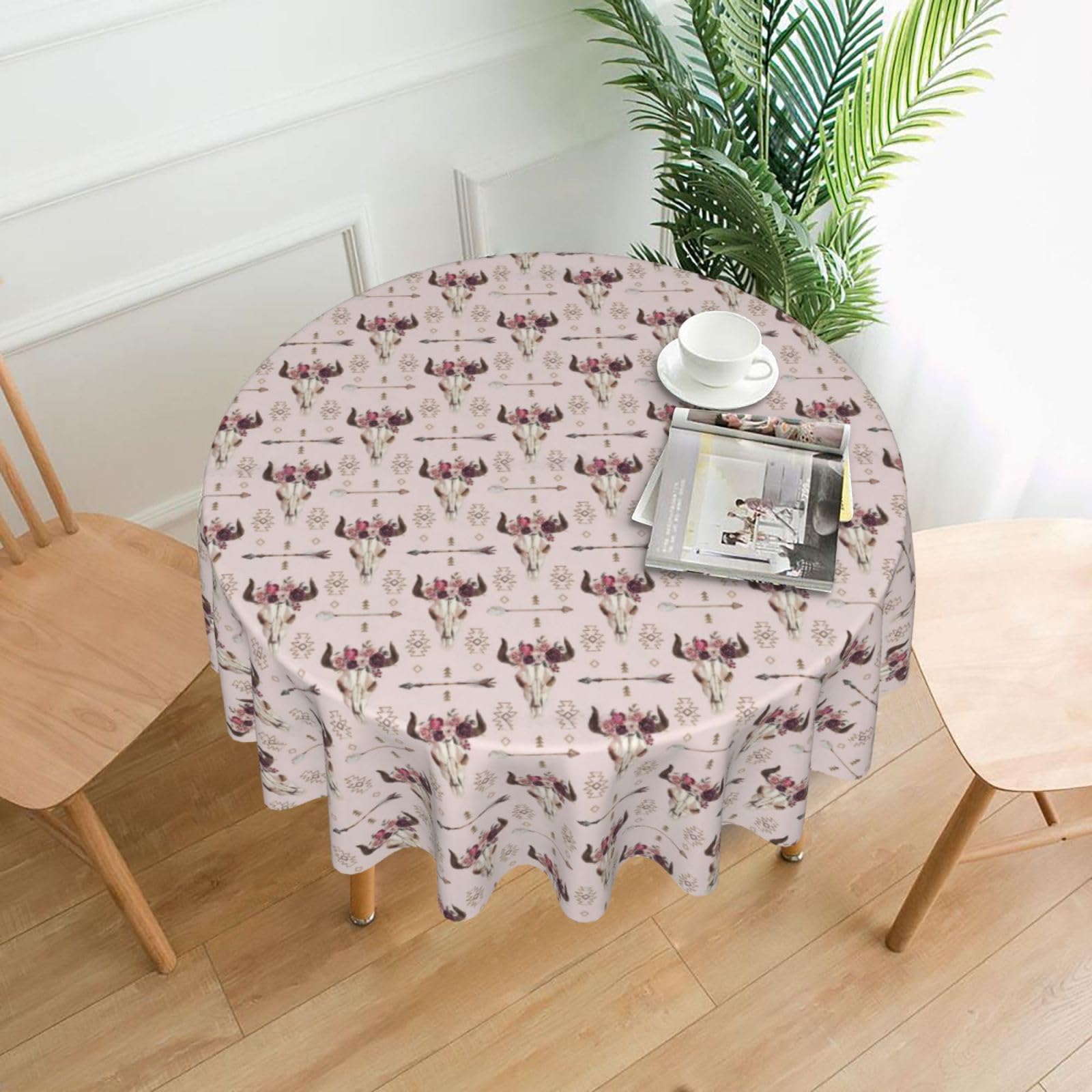 Nbtghga Bull Skull Tribal Print Tablecloth Round Border Table Cloth Cover Decorative For Party Holiday Dinning Tabletop Home