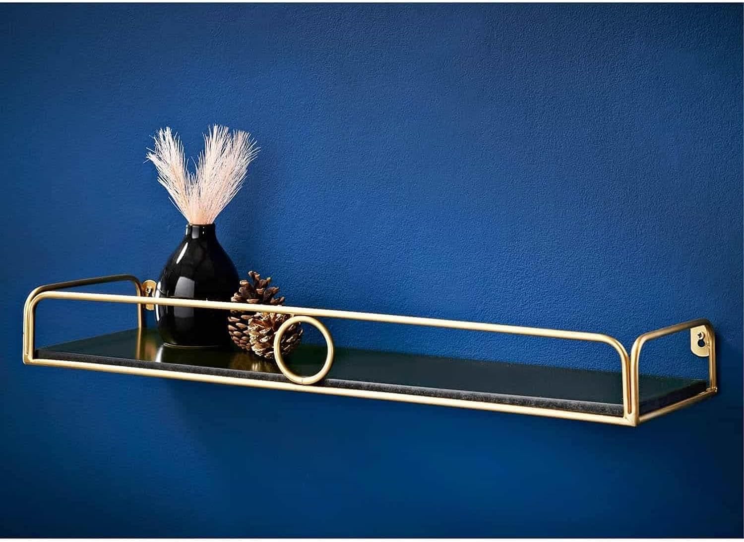 YORKSHIRE HOMEWARE Floating Shelf with Small Gold Ring Display Wall Shelves for Room Bathroom Shelf Dressing Table Cosmetic Skin Product Storage Rack Kitchen Bottles Shelves (Black, 60cm Long)