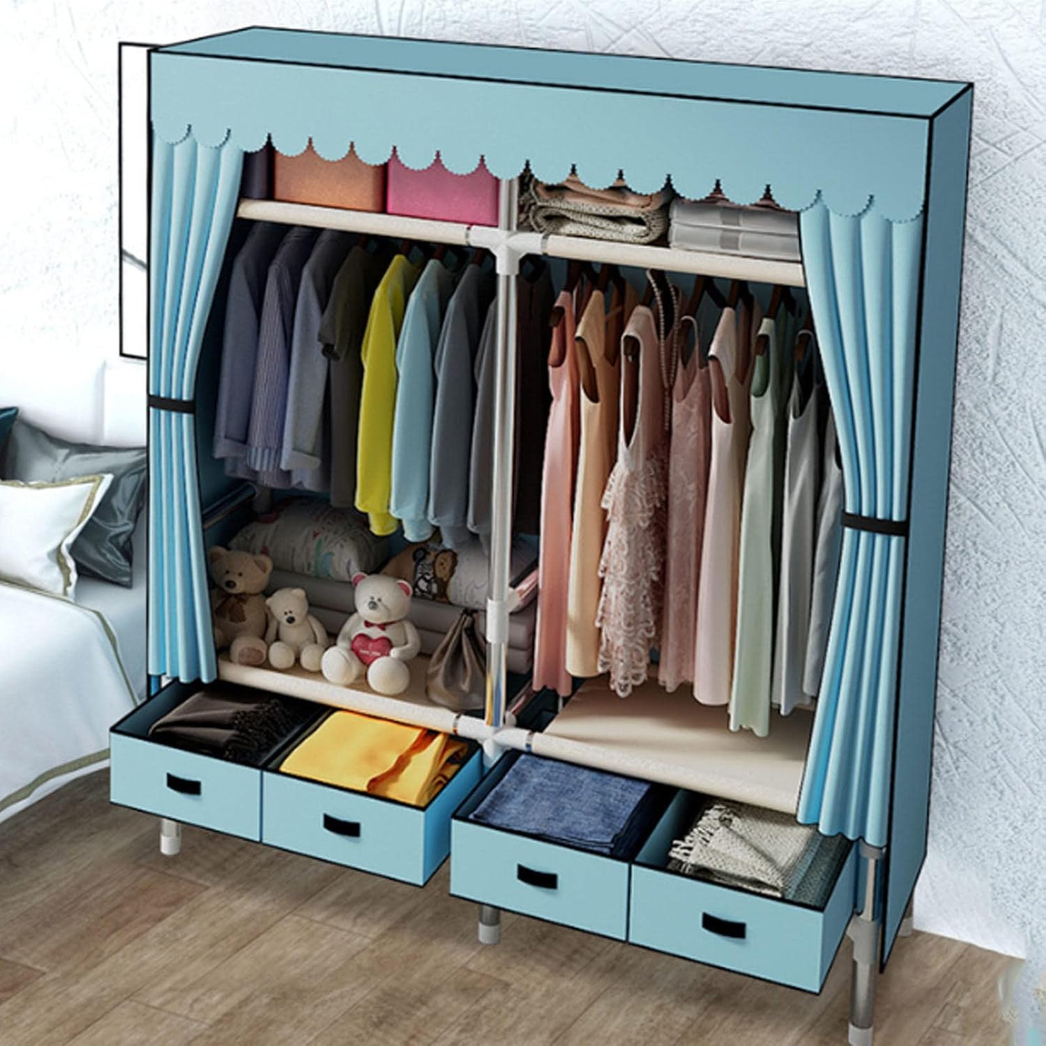 Wardrobe Fabric Canvas Wardrobe, Foldable Wardrobe Storage Organizer with Hanging Rod for Bedroom, Blue-140x45x168cm