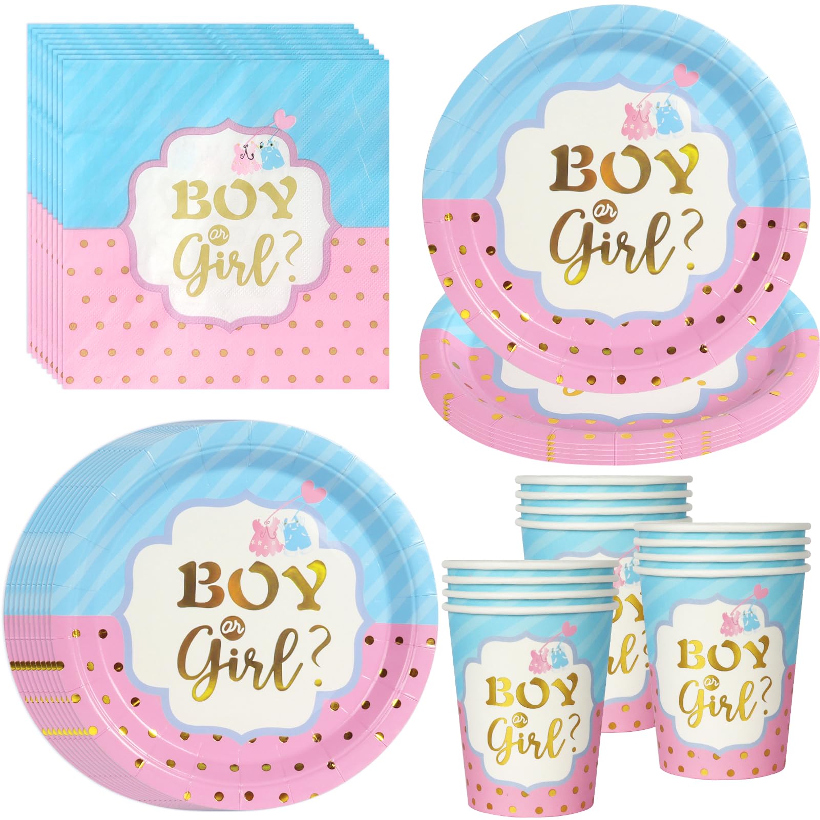 PYAILI 52 Pcs Party Tableware Set Blue and Pink: Baby Shower Party Supplies, Paper Plates, Cups, Napkins for Birthday Decor, Baby Party Decor – 16 Guests