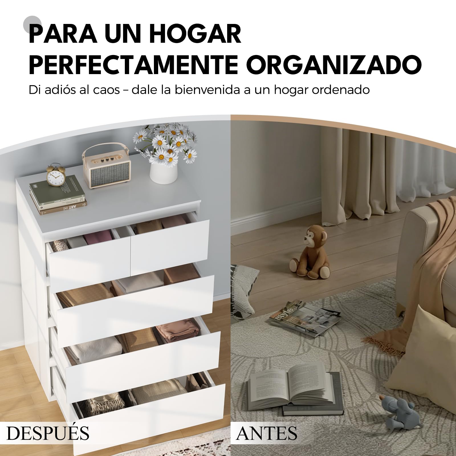 BEWISHOME Comoda Dormitorio,Cajonera con 5 Cajones,Cajonera Blanca,Comodas y Cajoneras,Cómoda Moderno para Pasillo,Salon,Tirador Oculto,68x38x94 cm,EKCG07W