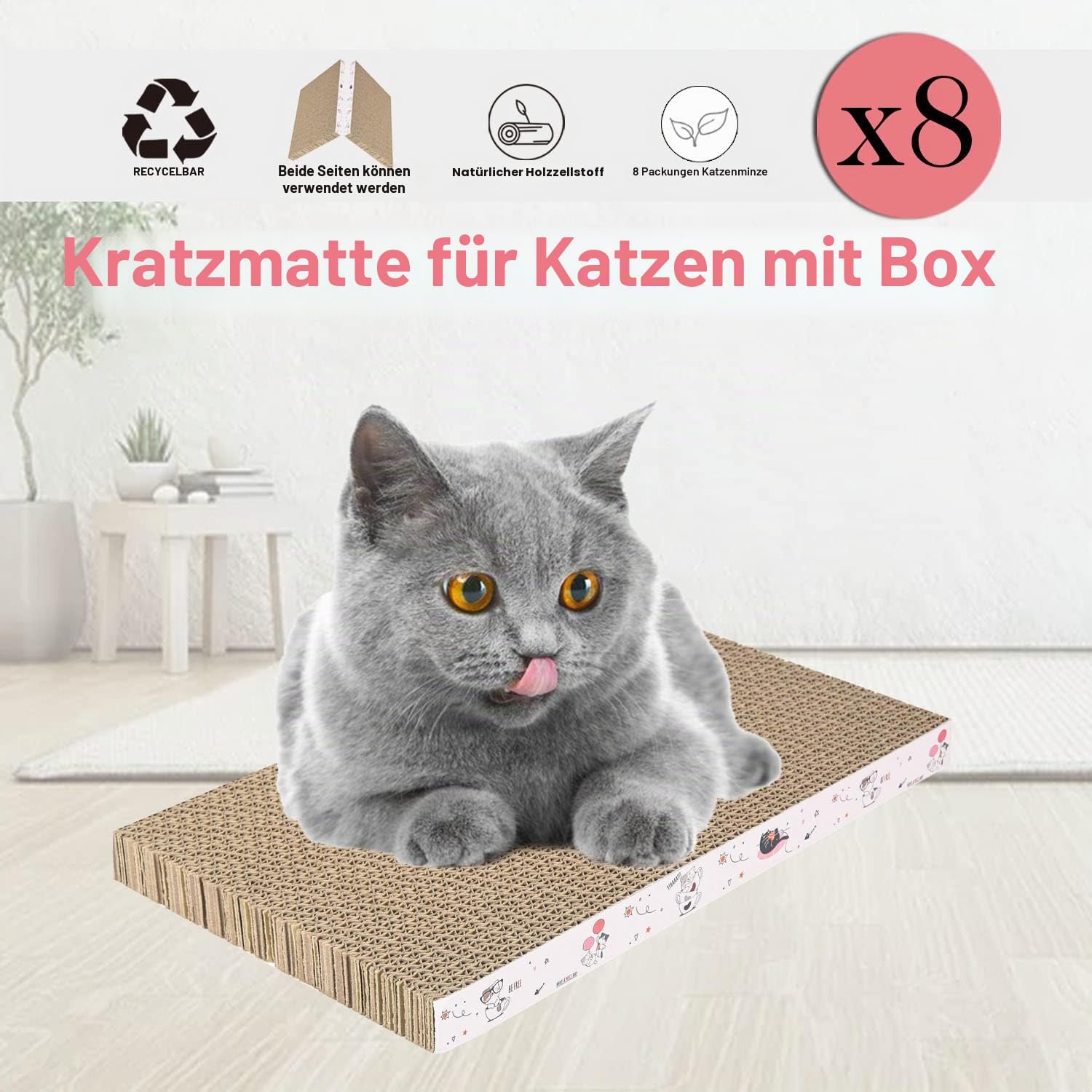 8 Packungen in 1 Katzenkratzkissen, Katzenkratzer aus Karton, wendbar, langlebig, recycelbar, Premium-Kratzer, geeignet für Katzen zum Ausruhen, Krallen Schleifen und Spielen