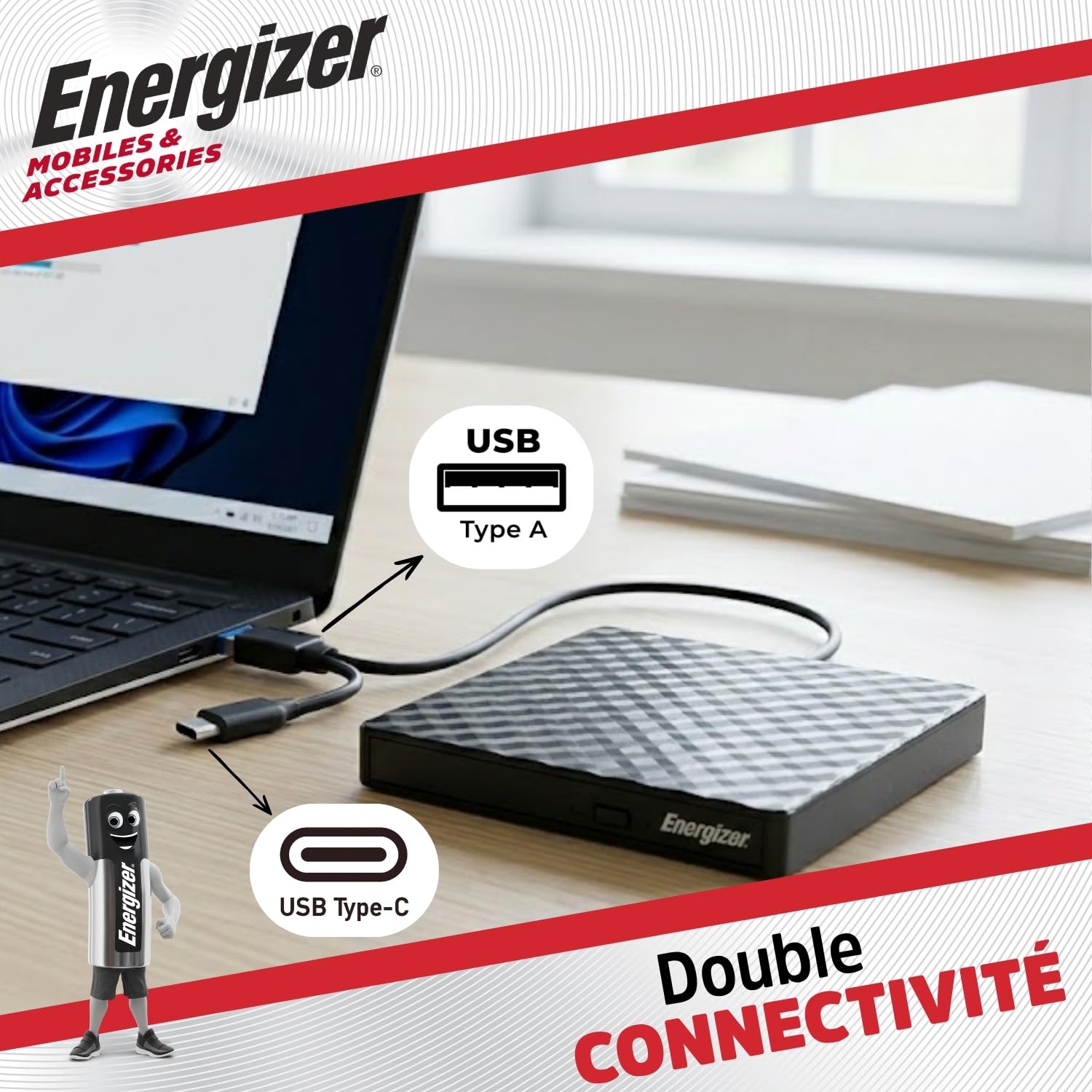 Energizer - Lecteur Graveur DVD Externe USB 3.0 & Type-C - Haute Vitesse 5Gbps - Plug & Play pour PC, MacBook & Windows - Compatible CD-RW, DVD±RW - Design Fin & Noir