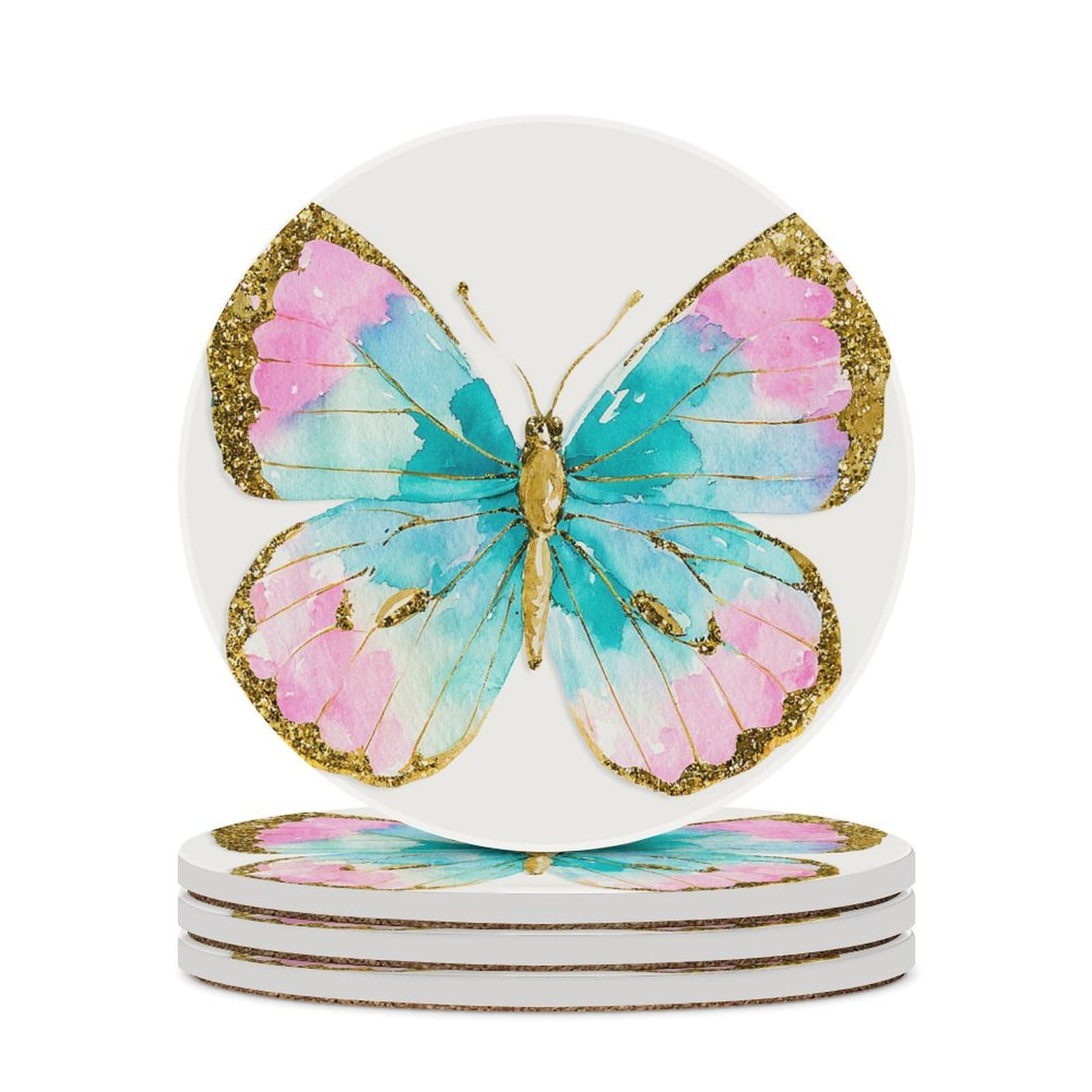 Blue Butterfly with Gold Wing Coasters Set of 4 Absorbent Coasters