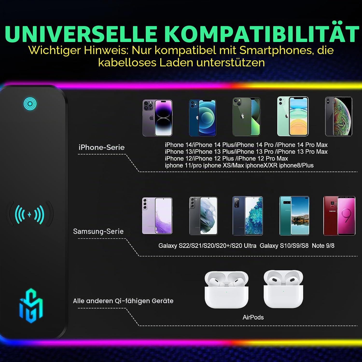 GIM 15W RGB Gaming Mauspad mit Qi-Kabelladung, 800x300mm XL