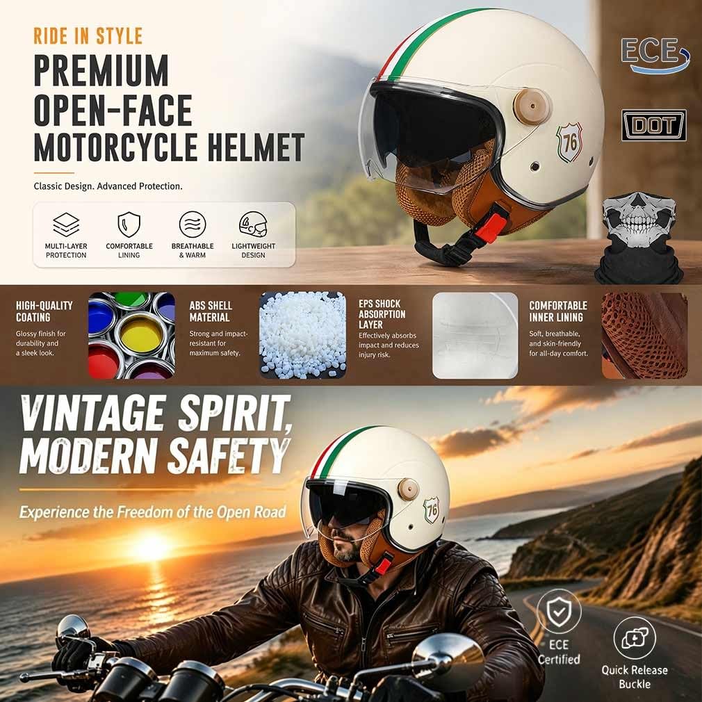 Kask motocyklowy vintage z podwójnym wizjerem i ochroną twarzy, ECE 22.06 przetestowany, lekki ABS, unisex, do jazdy po mieście i drodze, M~XL 57-62 cm