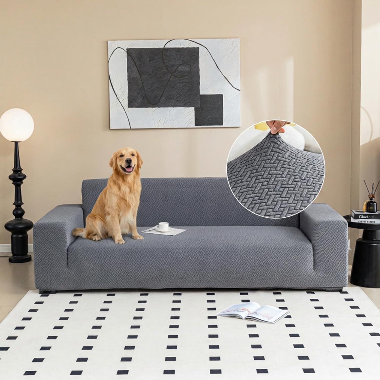 Copridivano 3 Posti Con Braccioli, Copri Divano Elasticizzato Copridivani Antiscivolo Antimacchia Universale | Sofa Cover Jacquard Antigraffio Gatto e Cani, Grigio Scuro