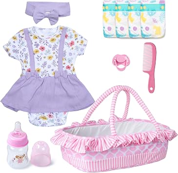 Reborn Baby Doll Clothes Bassinet for 17-22 Inch Girl Baby Dolls 10Pcs Set