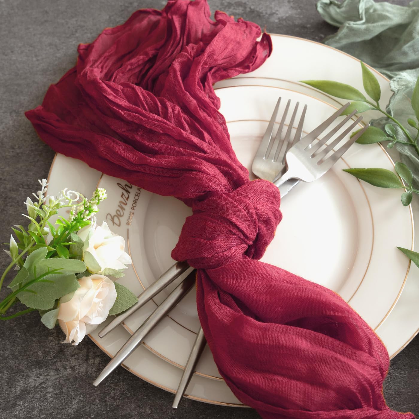 Paquete de 10 caminos de mesa de gasa de 10 pies, estilo bohemio, romántico, camino de mesa para boda, novia, fiesta de otoño, decoración de mesa (borgoña)