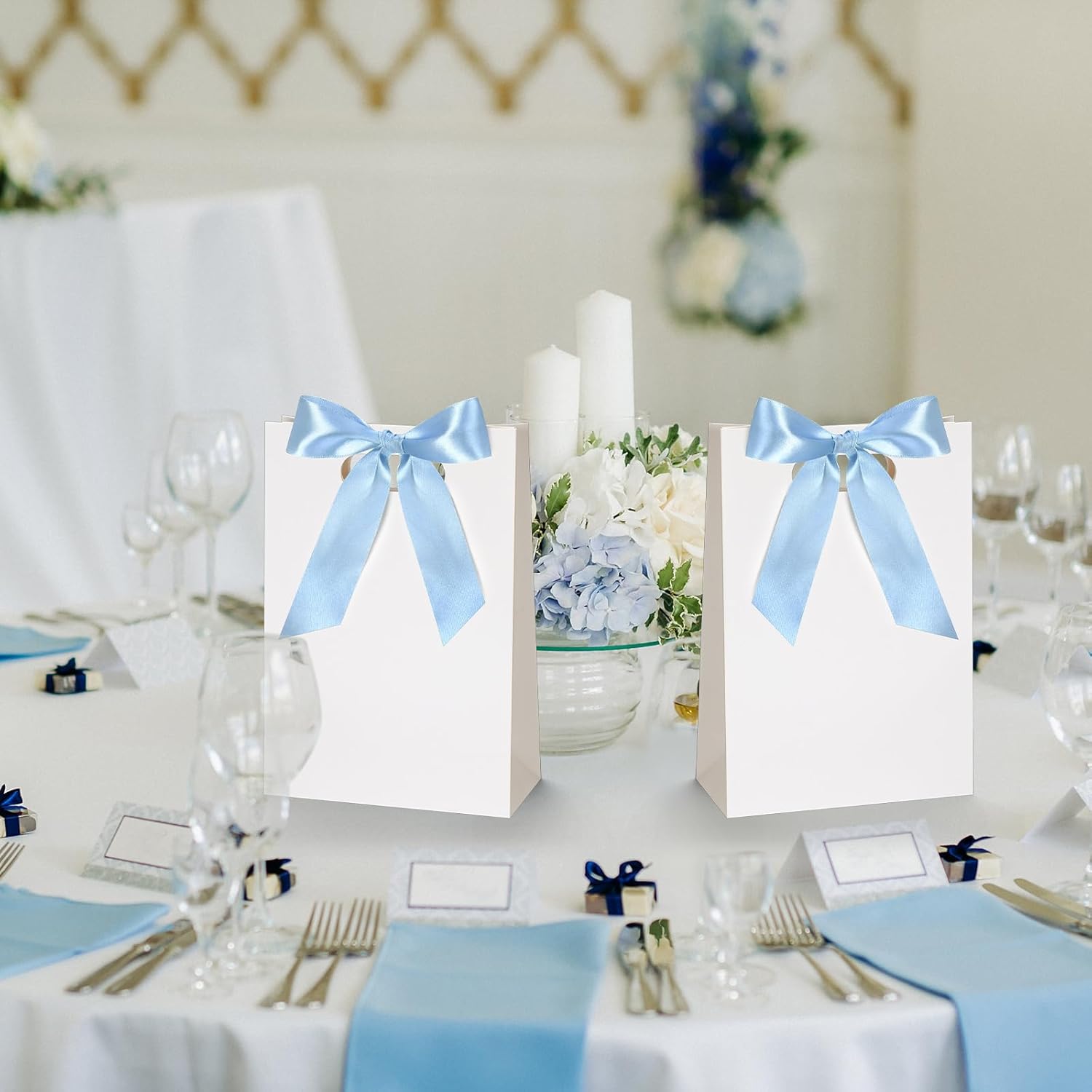 Aliceset 12 Pcs Small Thank You Bridesmaid Gift Bags 10 x 7 x 3.15'' with Die Cut Handles Compact Bags with Bow Ribbon for Wedding Baby Shower Birthday Party Favors(White,Light Blue) - Image 7