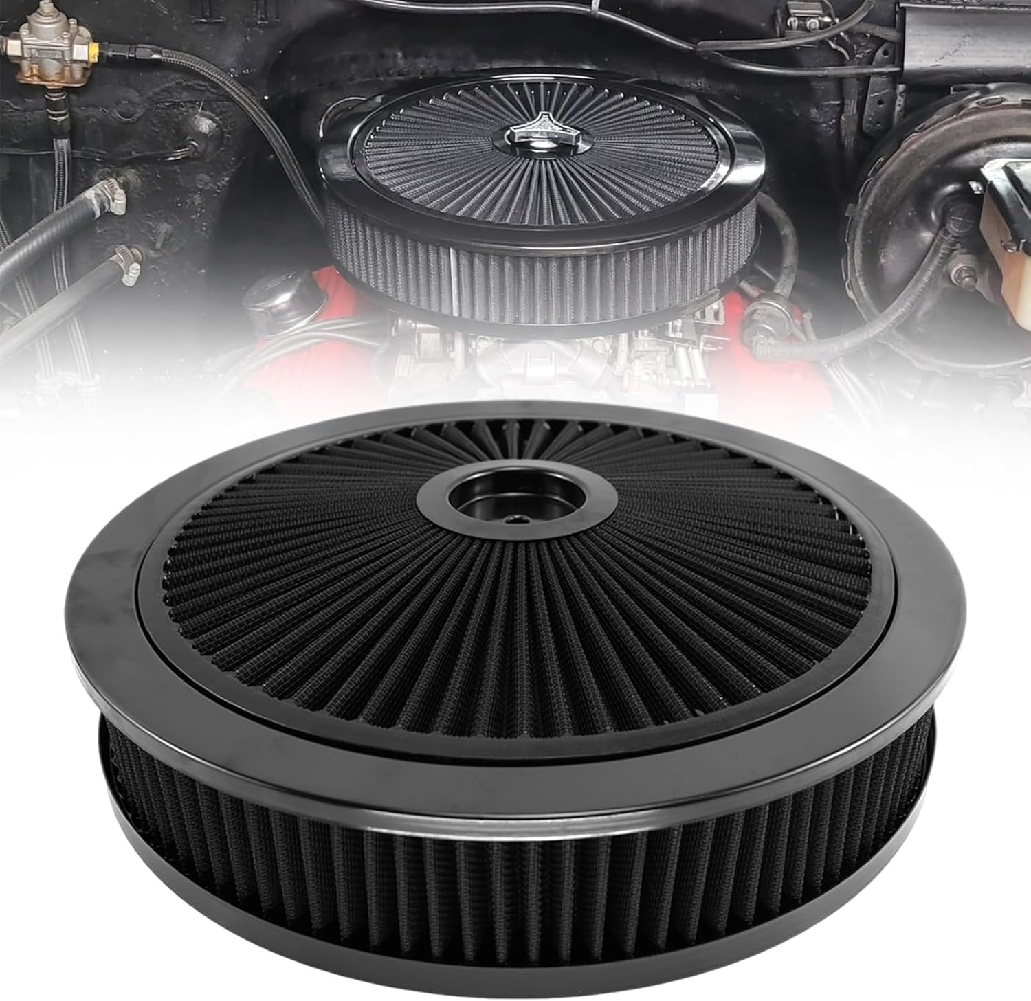 RYANSTAR RACING 14" x 3" Round Air Cleaner Filter Assembly kit Includes Flow-Thru Lid Washable Air Filter Element Compatible with Chevy Ford GMC Black