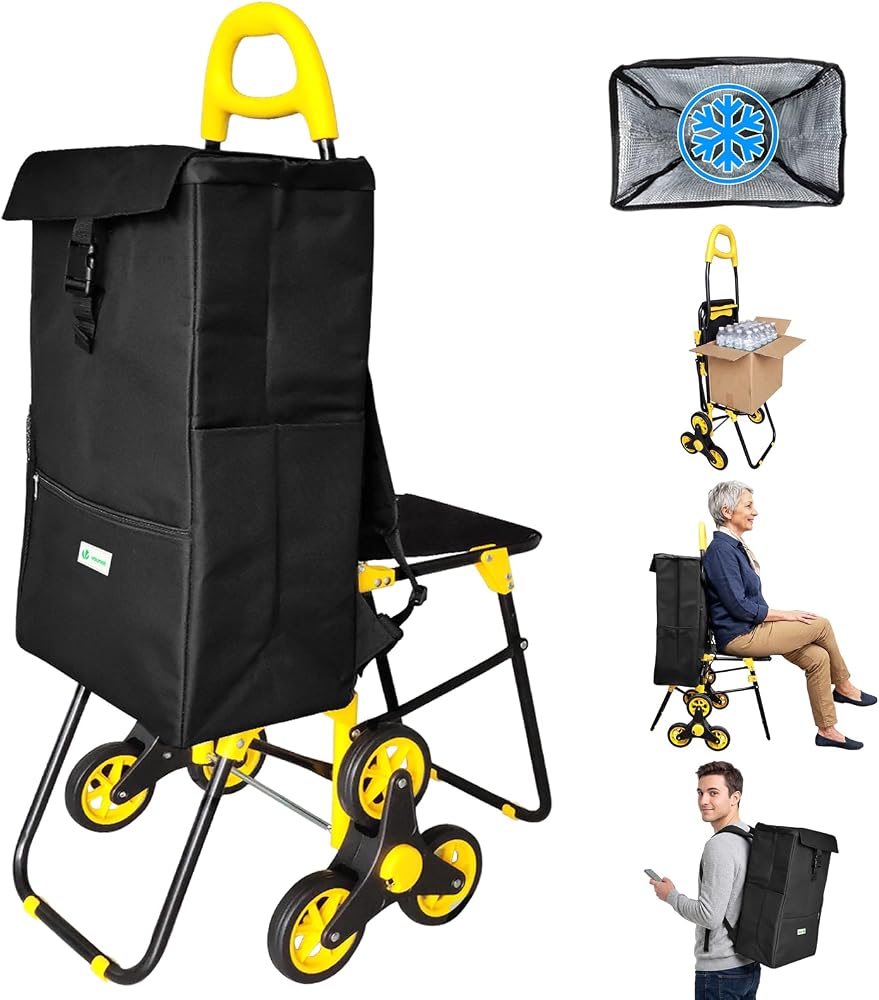 VOUNOT® Chariot de Course Chariot marché 6 Roues - 3 Roues de Chaque côté 2 en 1 Poussette marché Pliable et Diable Caddie Panier Montant escalier Noir