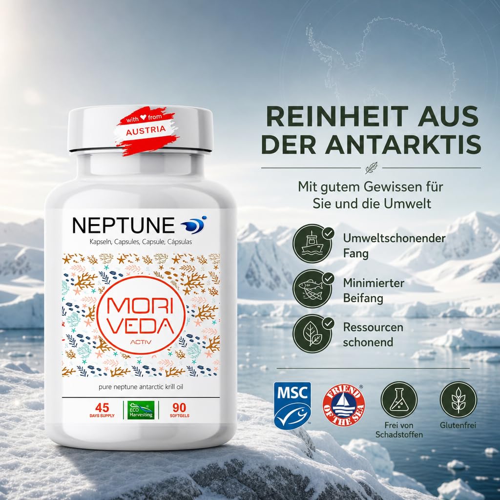 Moriveda NEPTUNE Krillöl Kapseln, 135-Tage-Vorrat, mit Omega-3 6 9 (EPA/DHA), Antioxidantien, Vitamin E & Cholin, MSC-zertifiziert & nachhaltig, 3 x 90 Softgels