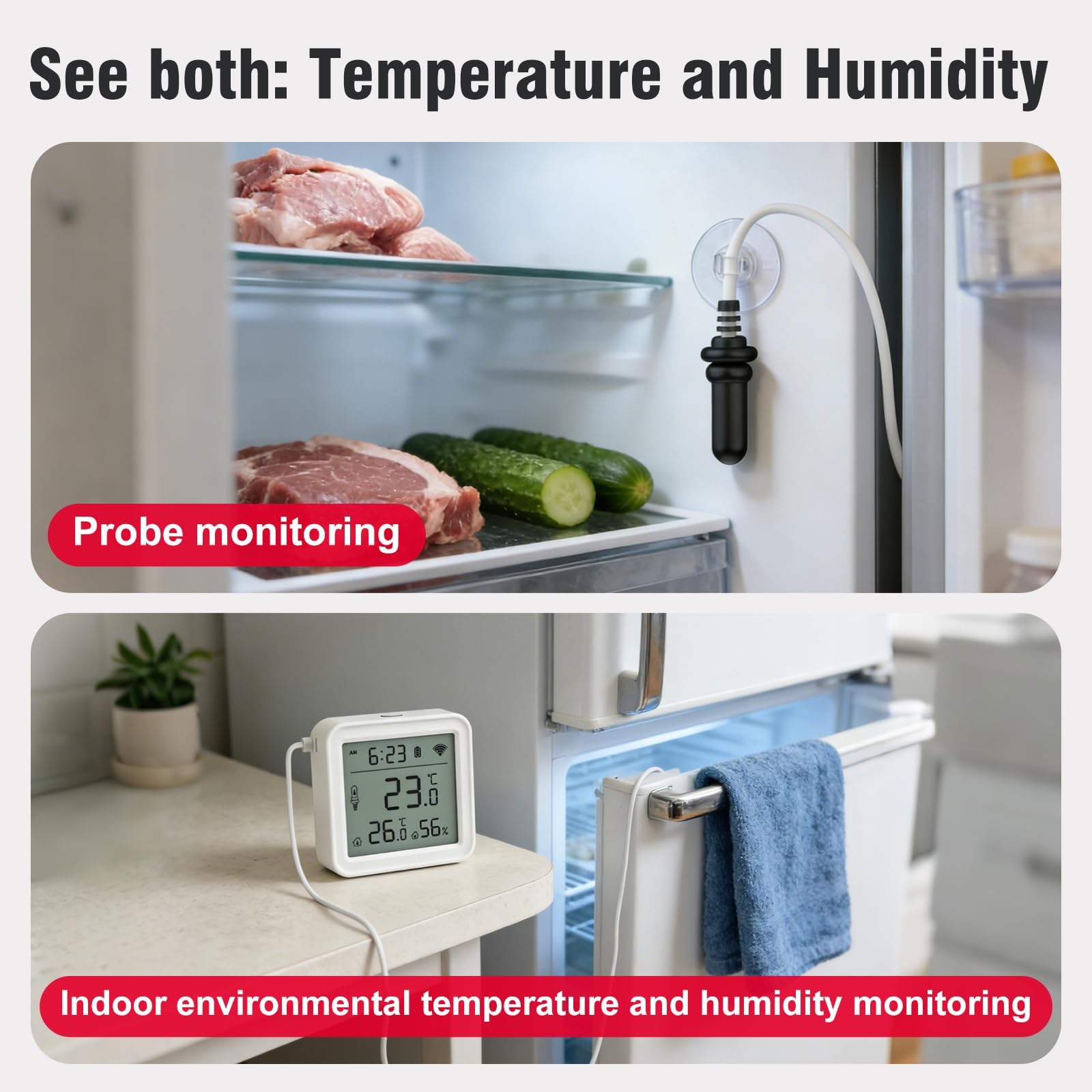DAYTECH Termometro e igrometro WiFi intelligente per congelatore, allarme con temperatura ambiente e igrometro, avvisi app e display digitale chiaro, per casa/ristorante/ufficio, nessun hub richiesto