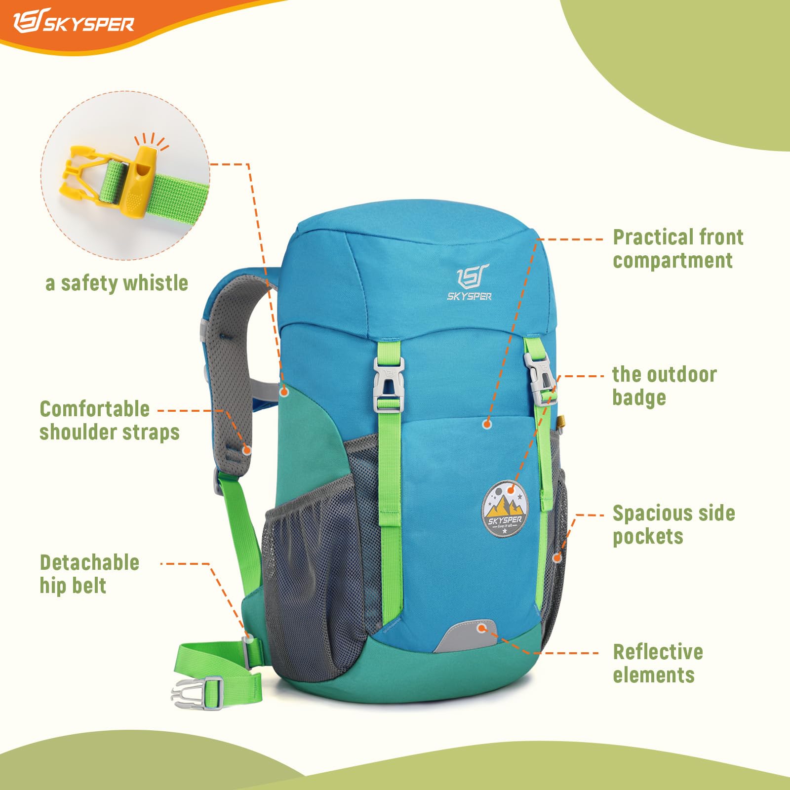 SKYSPER Wanderrucksack Kinder 15L für Jungen & Mädchen Kinderrucksack mit Brustgurt für 6-12 Jahre Rucksack Kinder Wandern Outdoor