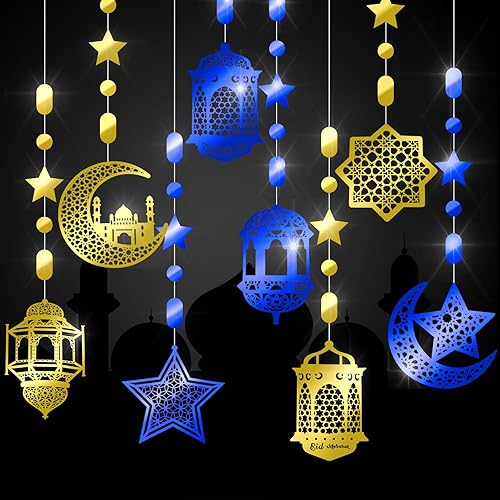 Miniatura 1 de Zonon 24 piezas de farol islámico de estrella y luna, guirnalda de Ramadán, decoración Eid, serpentina, Ramadán Mubarak, pancarta de fiesta, telón