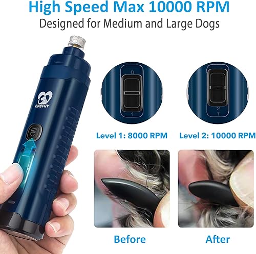 Miniatura 4 de Casfuy Molinillo de uñas para perro con 2 luces LED para perros grandes y medianos 3 veces más potentes 2 velocidades recargable silencioso sin Azul