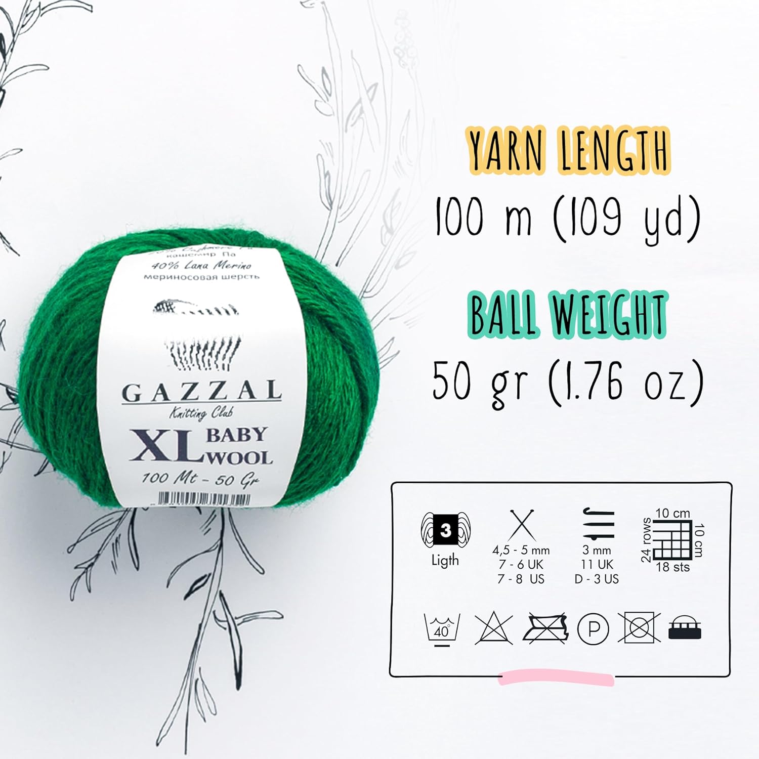 3 Pack (Ball) Gazzal Baby Wool XL Total 5.28 Oz / 328 Yrds, Each Ball 1.76 Oz (50g) / 109 Yrds (100m) Super Soft, Medium-Worsted Yarn, 40% Lana Merino 20% Cashmere Type Polyamide, Pink - 831