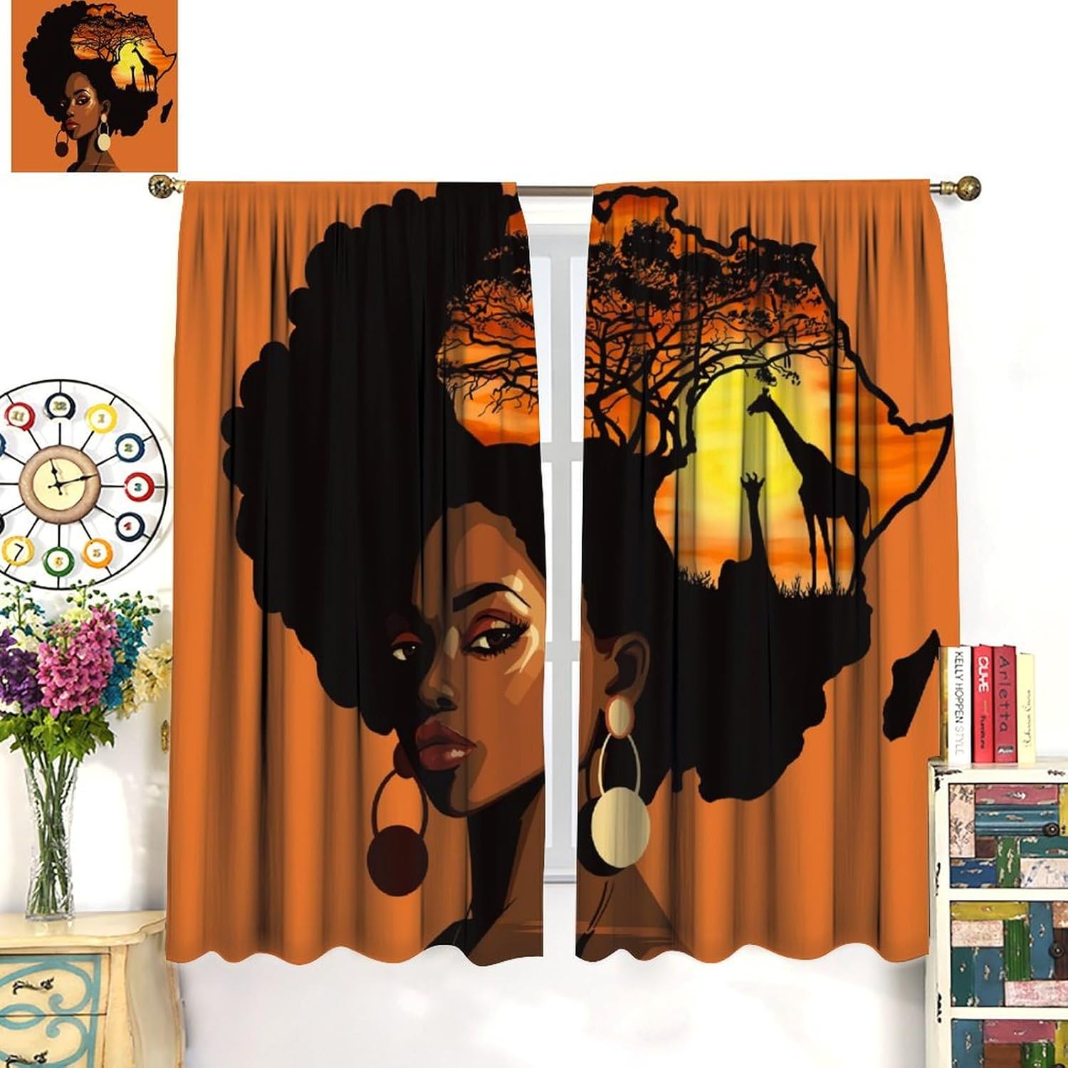 African Silhouette Curtain Black Girl Afro Woman Abstract Sunset Landscape Rod Pocket Blackout Window Treatments for Girls Bedroom Living Room Decor 42" W X 54" L