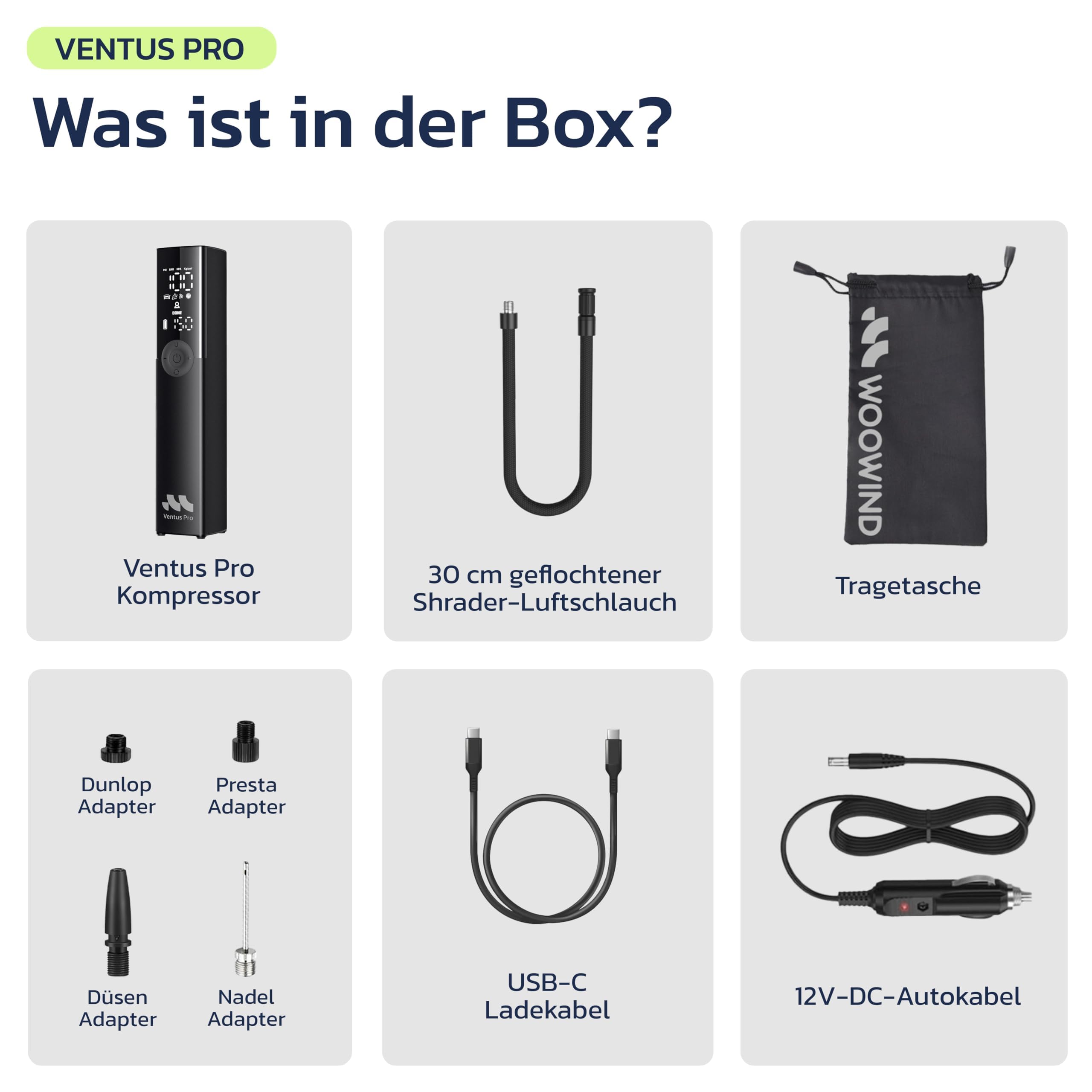 Woowind Ventus Pro Elektrische Luftpumpe, 150PSI/10,3Bar Akku Kompressor, 12V-Kabel für SUVs & Offroad-Reifen, Auto-Stopp