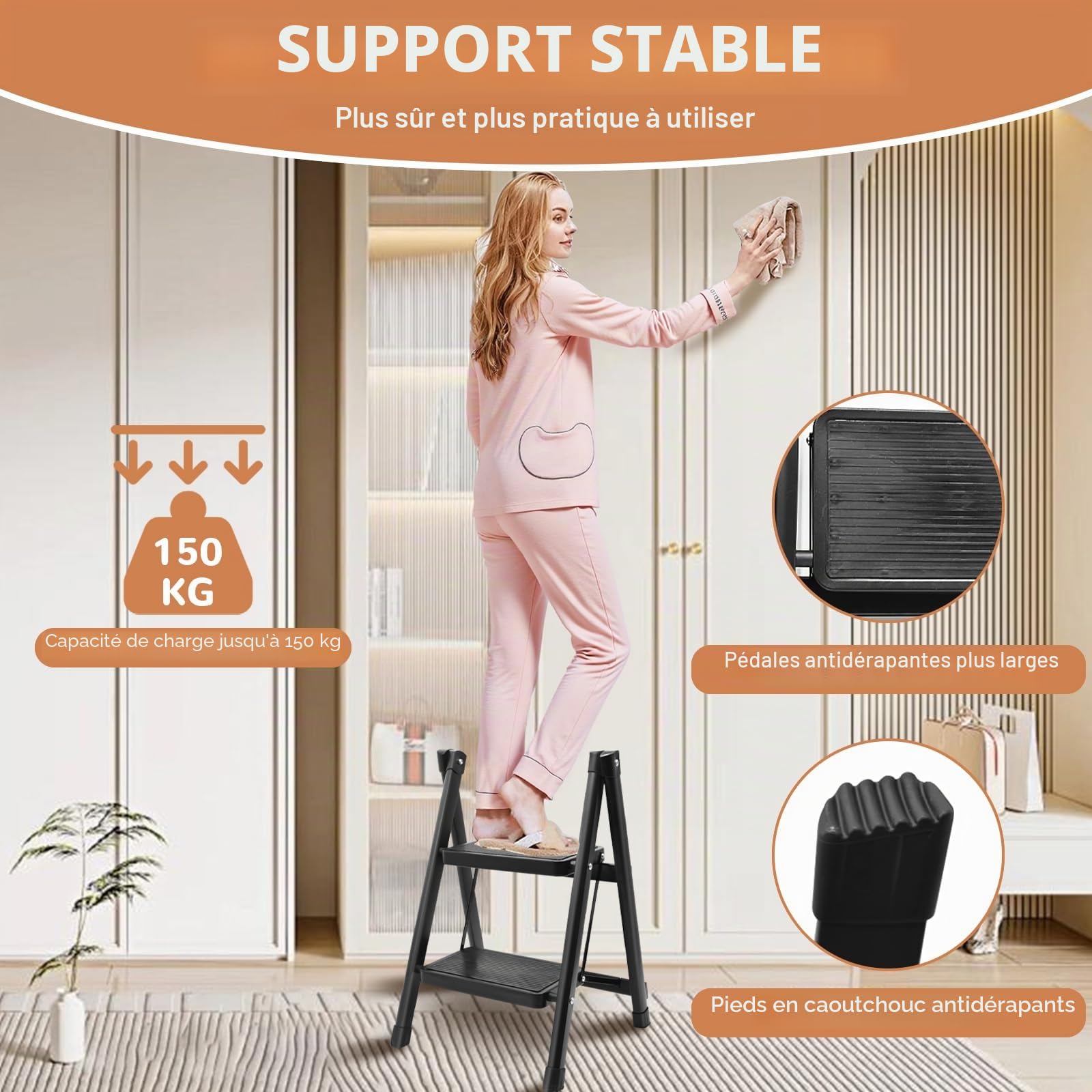 Escabeau 2 Marches, Portable Échelle Pliante Marchepied Antidérapant Charge Maximale 150 kg Acier Durable Léger Echelle Domestique Pliable pour Maison, Cuisine, Garage, Bureau