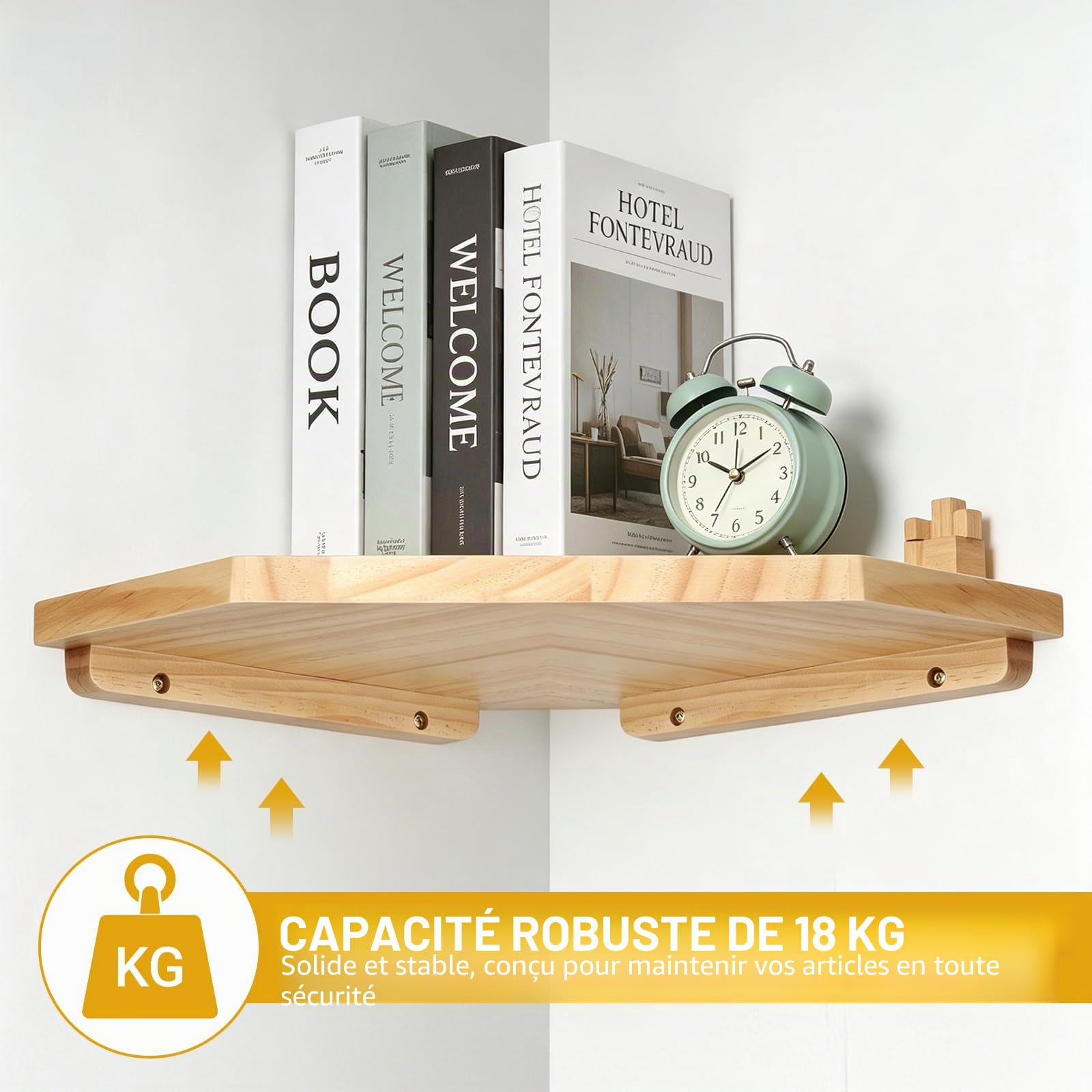 lalago 3 Pièces Étagère d'angle Suspendue 28,5cm, Étagère d'angle en Massif Couleur Bois Naturel, Extrémités Rondes Murale Bois pour Salle de Bain, Cuisine, Chambre à Coucher, Salon