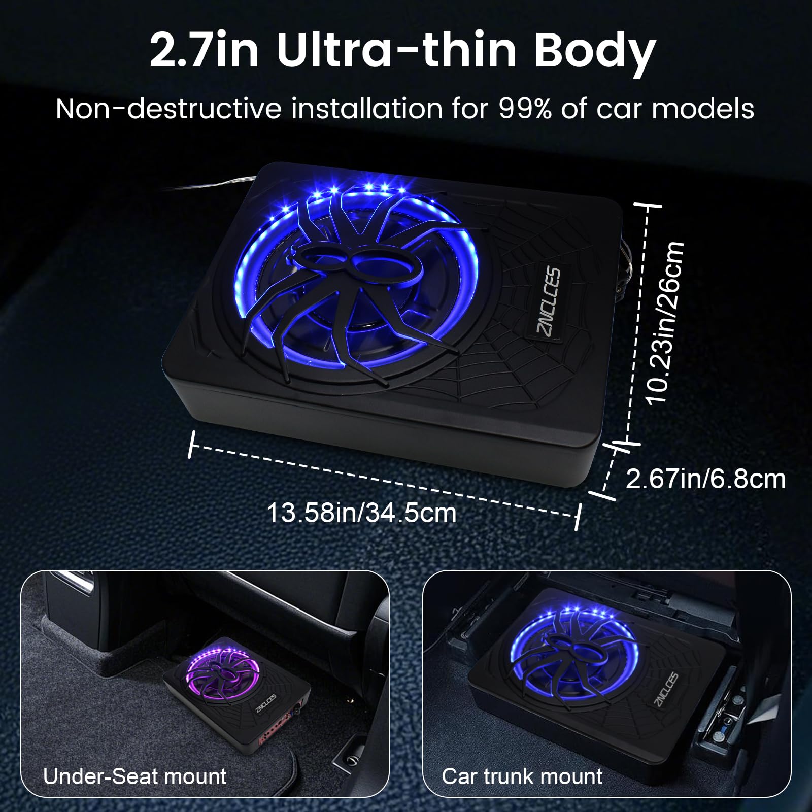 2025 Upgraded 10" 1200W Slim Under Seat Powered Car Subwoofer with Colorful LED Ambient Lights, Car/Truck Audio Sub Built in Amplifier Outstanding Heat Dissipation, Powerful Bass for Passion Driving