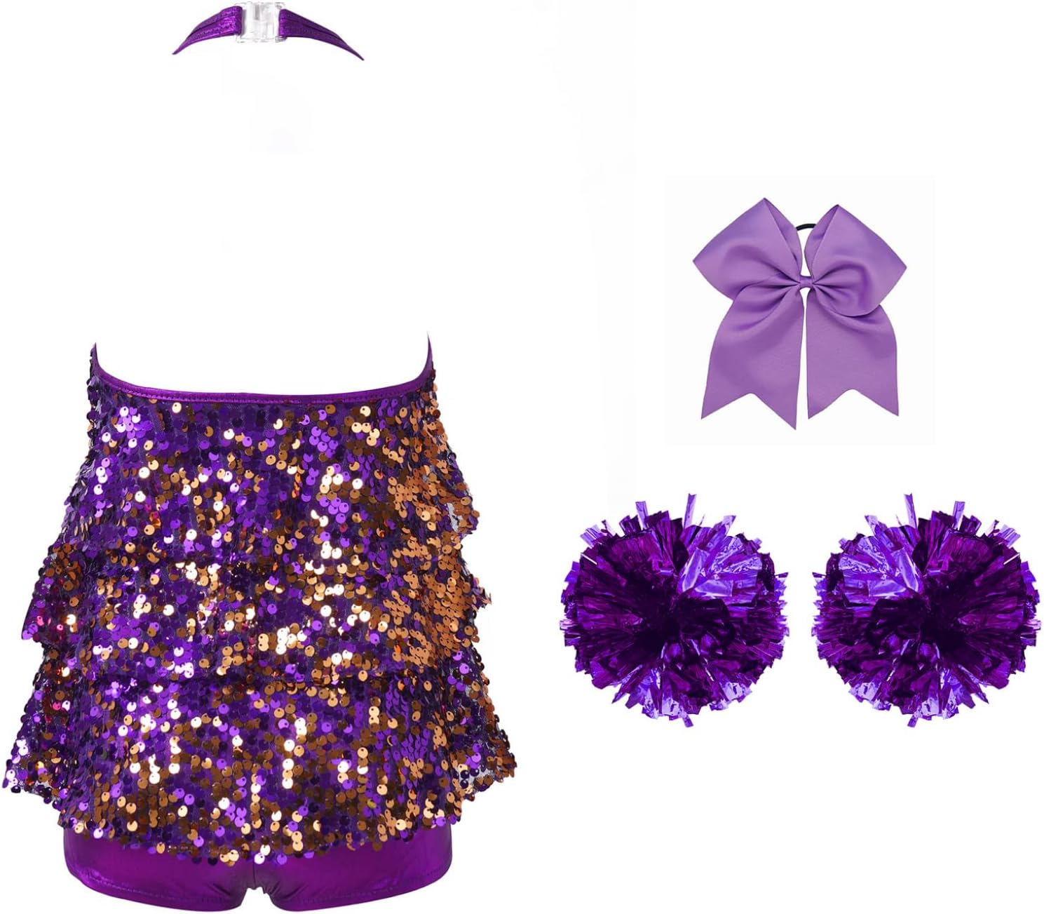 Kids Girls Sequins Halter Jazz Latin Dance Dress with Headwear and Flower Ball Cheerleading Dance Costume